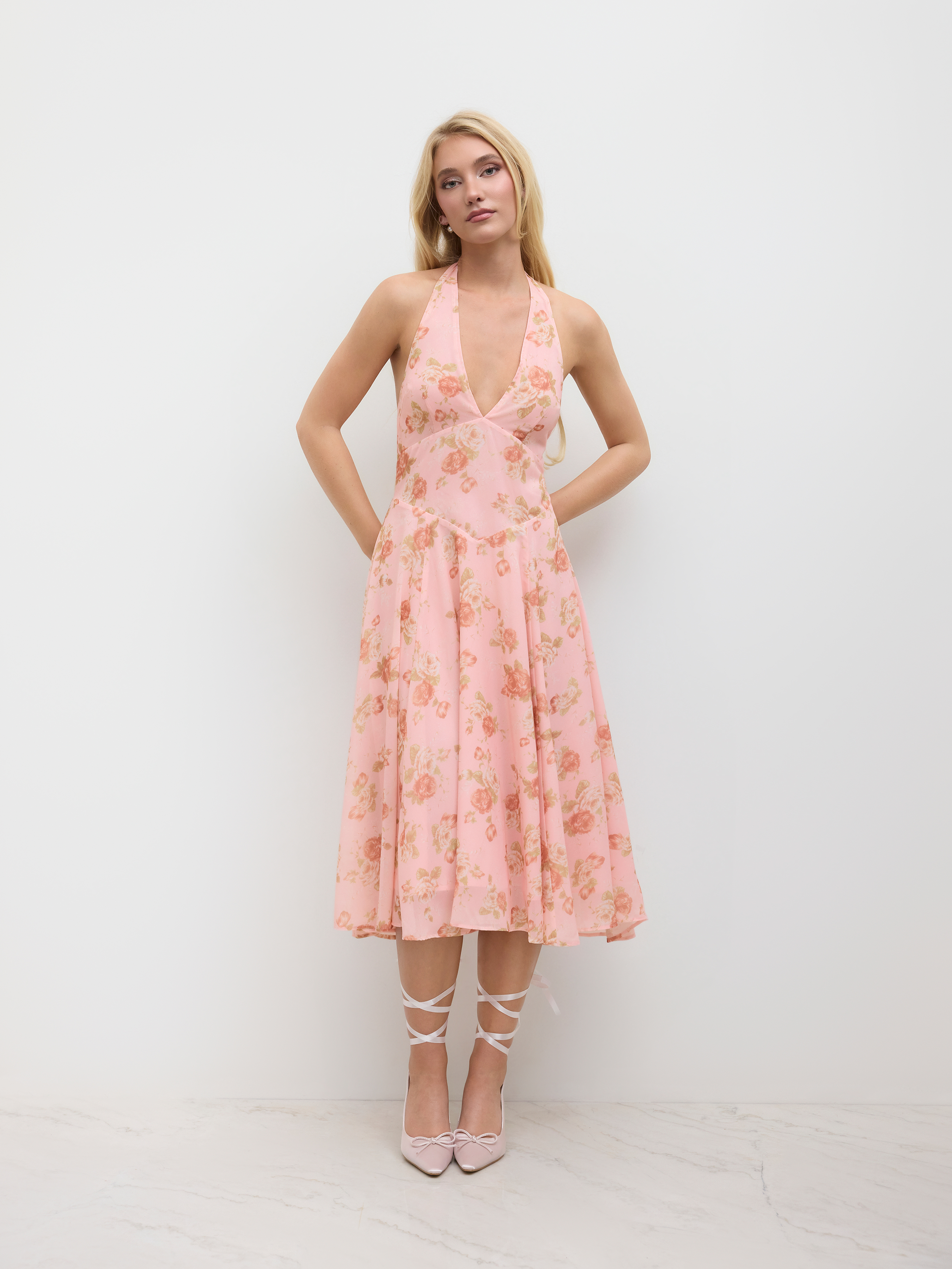 Mesh Halter Neckline Floral Ruffle Midi Dress