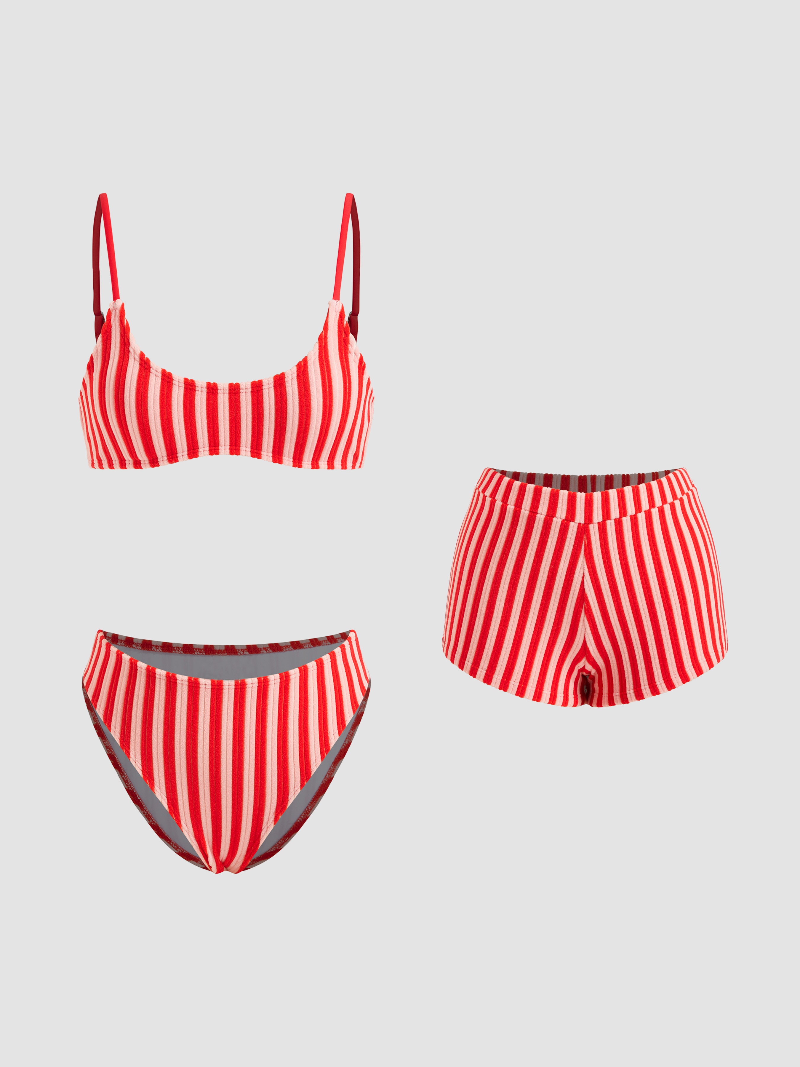 Terry U-neckline Stripe Bracelet Bikini Set & Cover Up Shorts