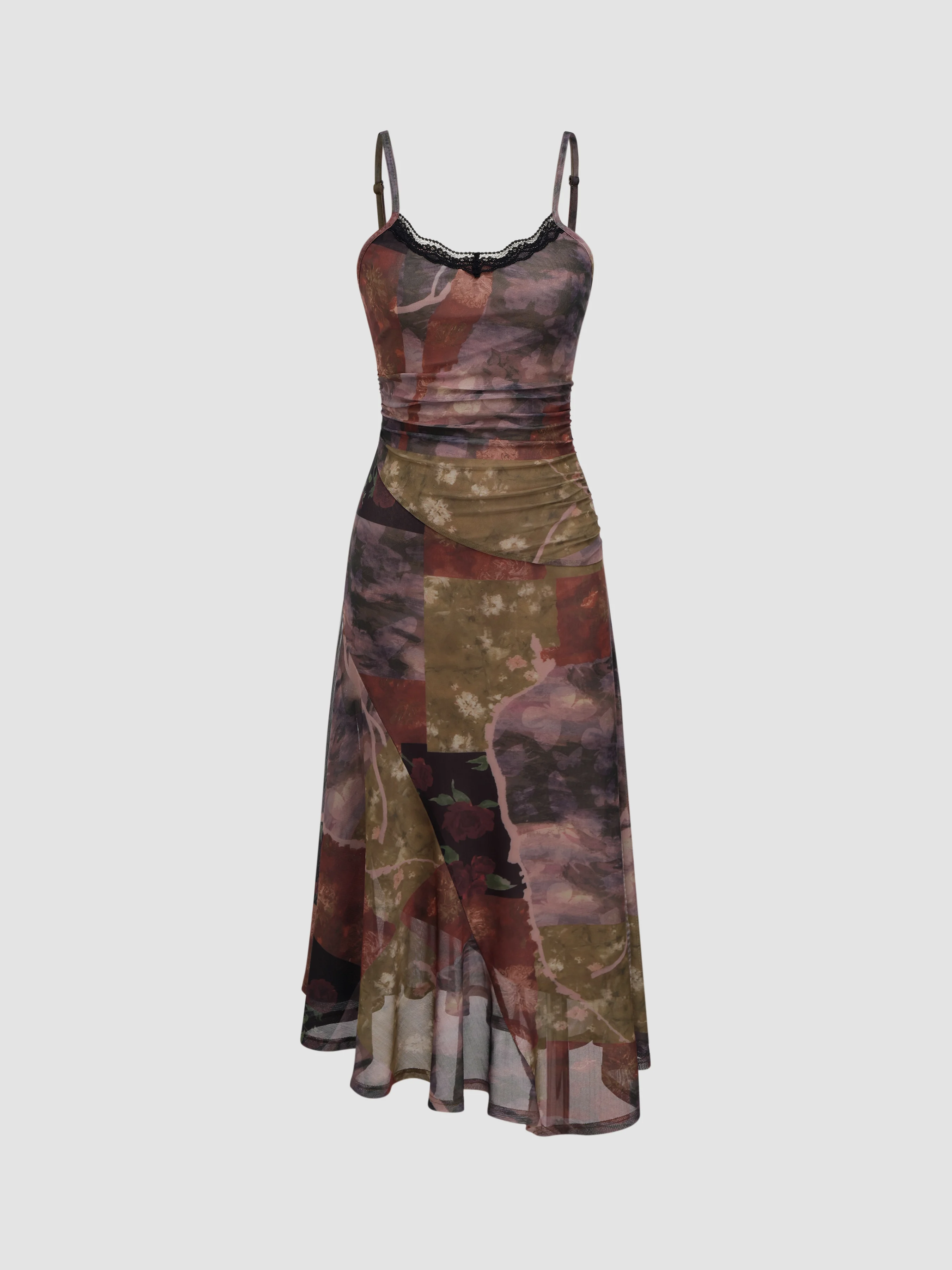 U-neckline Floral Patchy Lace Trim Asymmetrical Hem Midi Dress