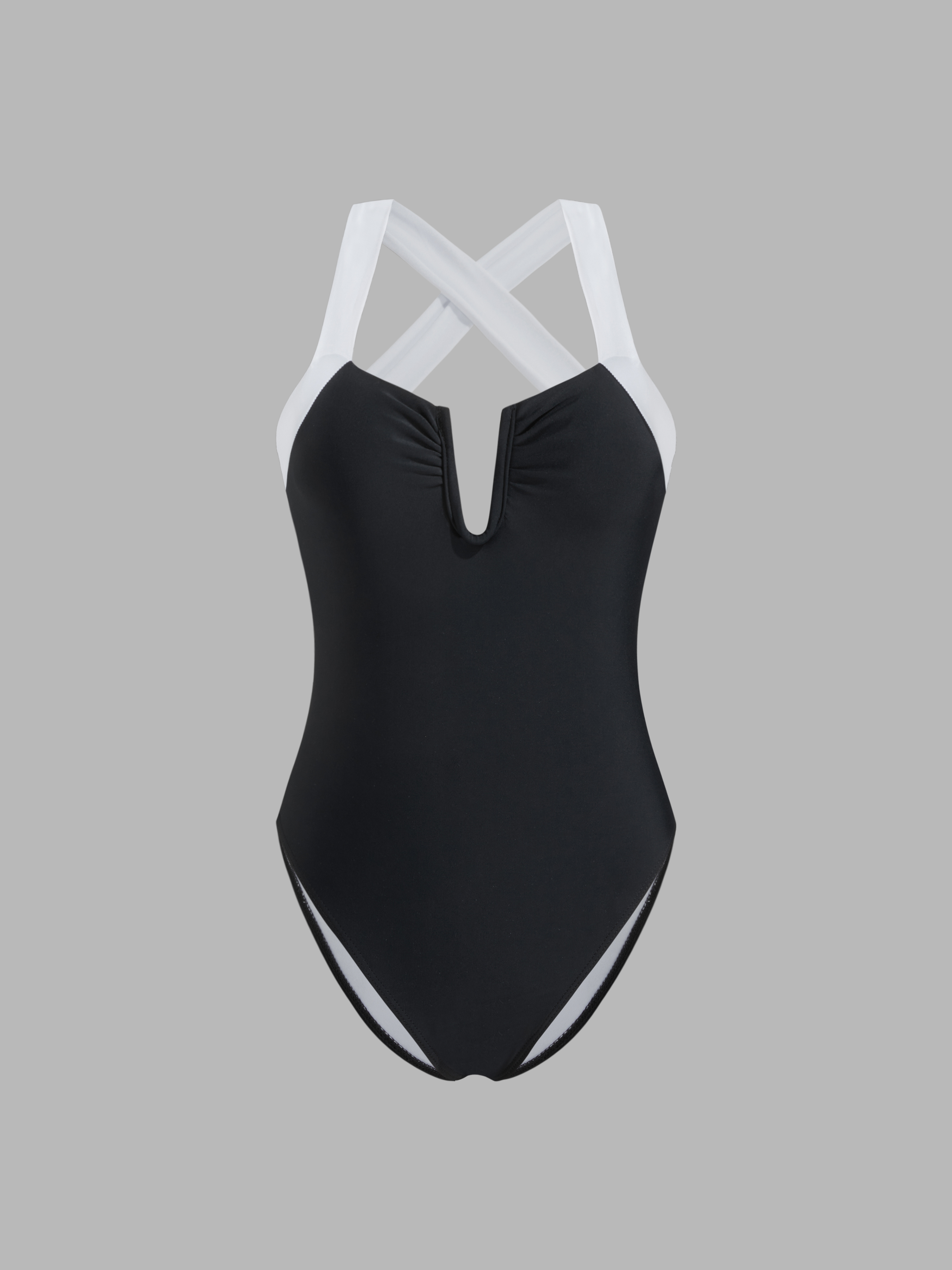 Shaping V-neck Contrasting Binding Criss Cross One Piece Swimsuit