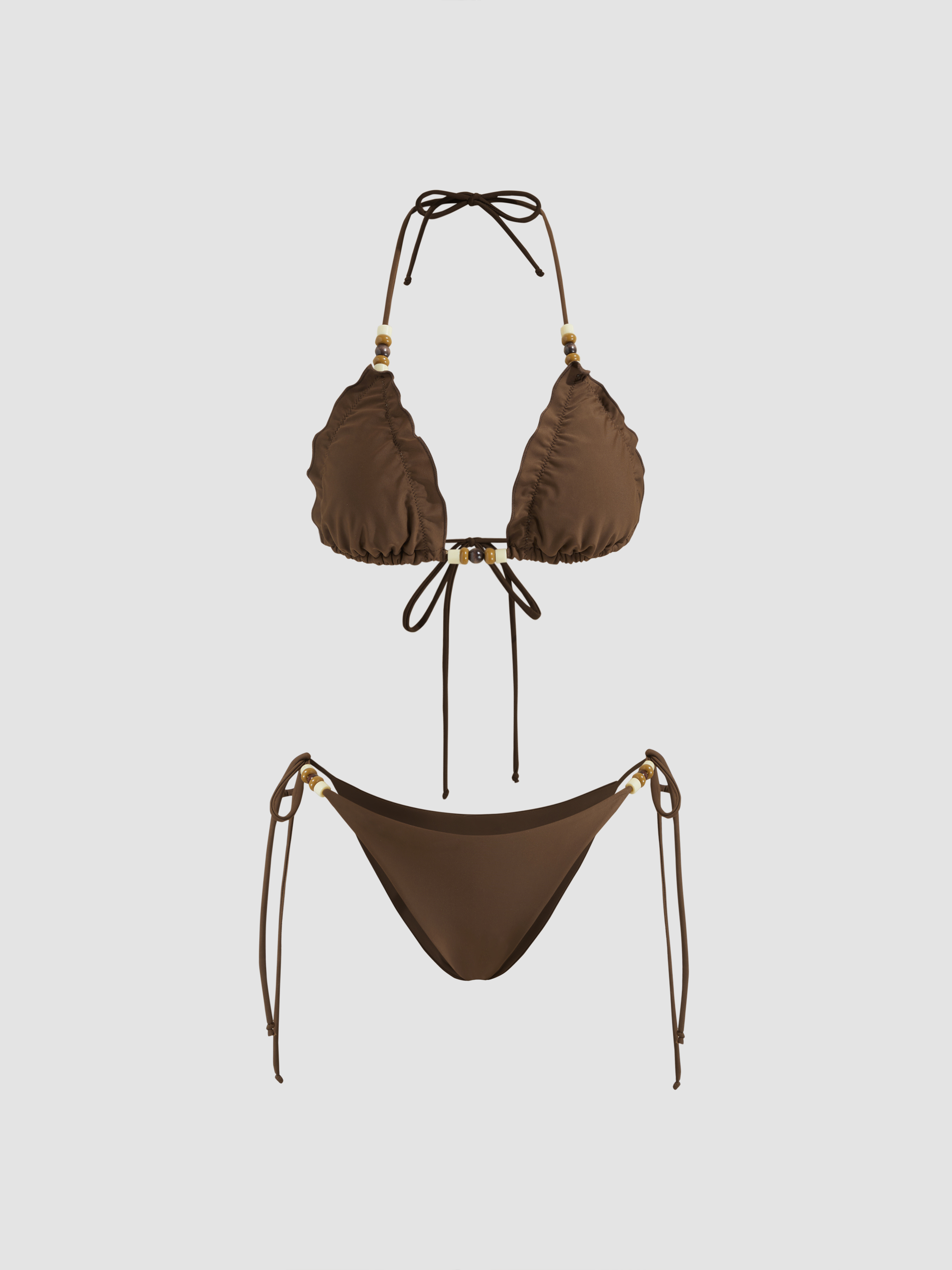 V-neck Beaded Lettuce Trim Halter Tie Side Bikini Set