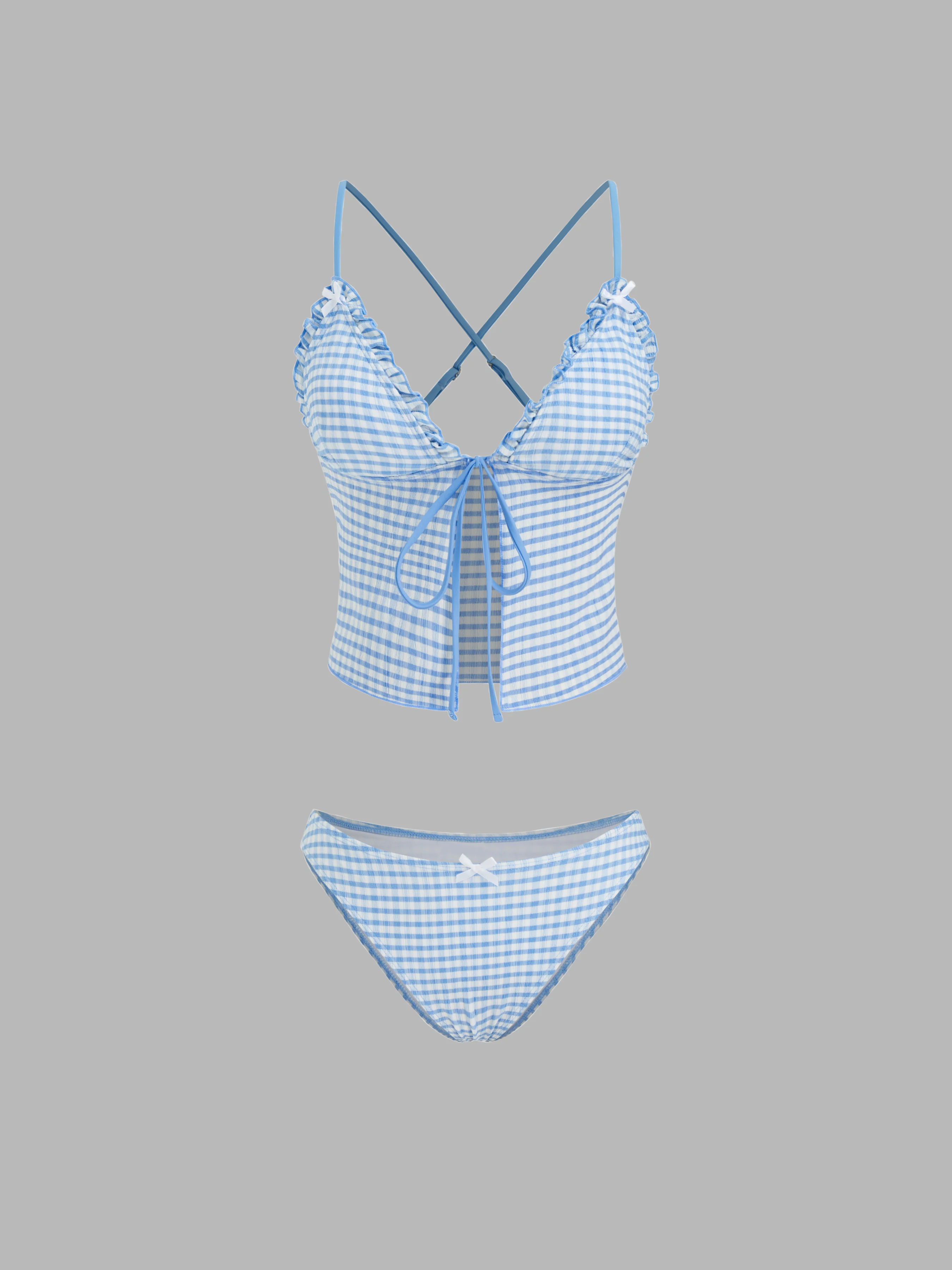 V-neck Gingham Bowknot Lettuce Trim Tankini Bikini Set