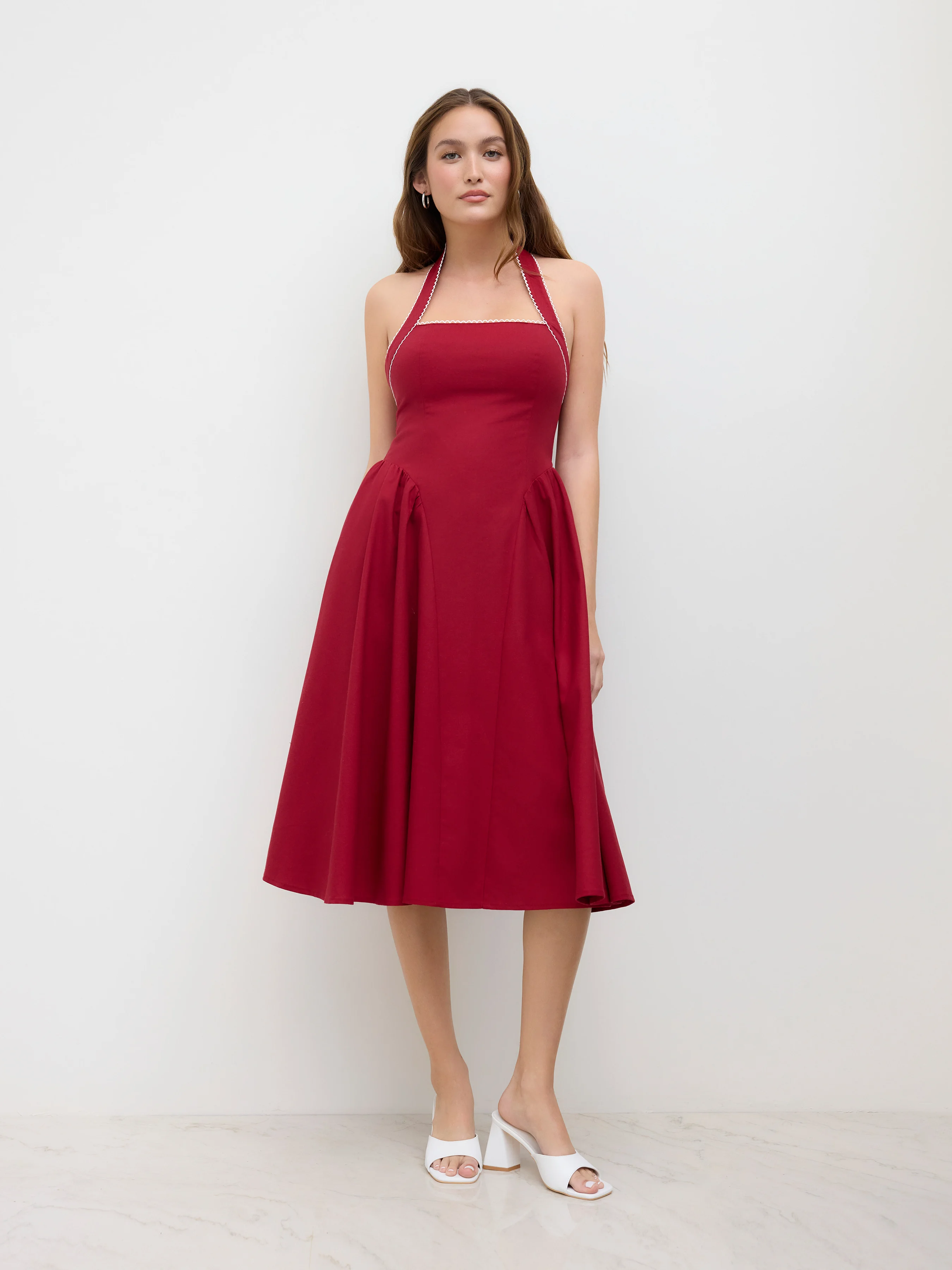 Linen-blend Halter Neckline Knotted Ruffle Midi Dress