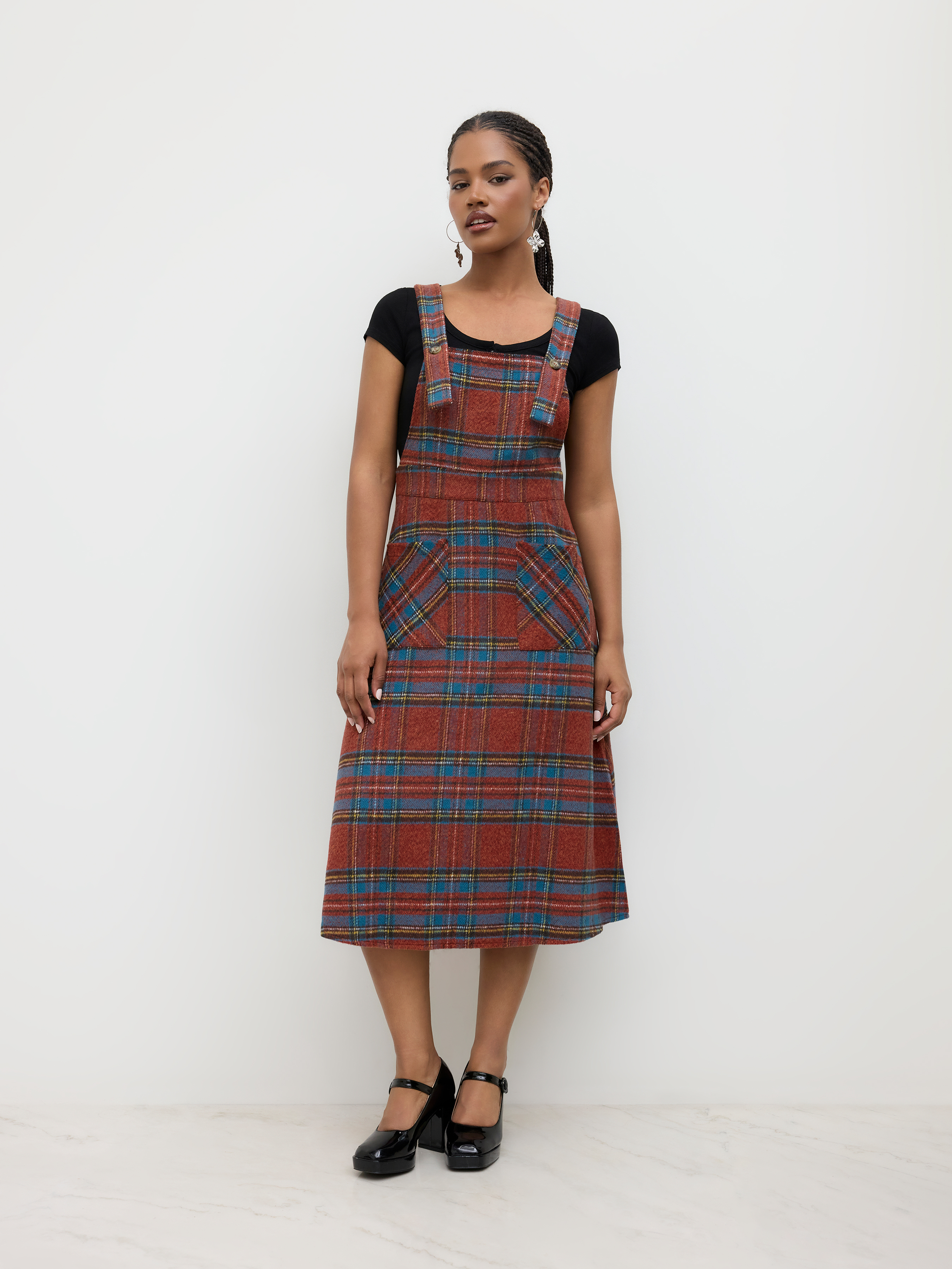 Gingham Buckle Pocket Ruffle Midi Dress