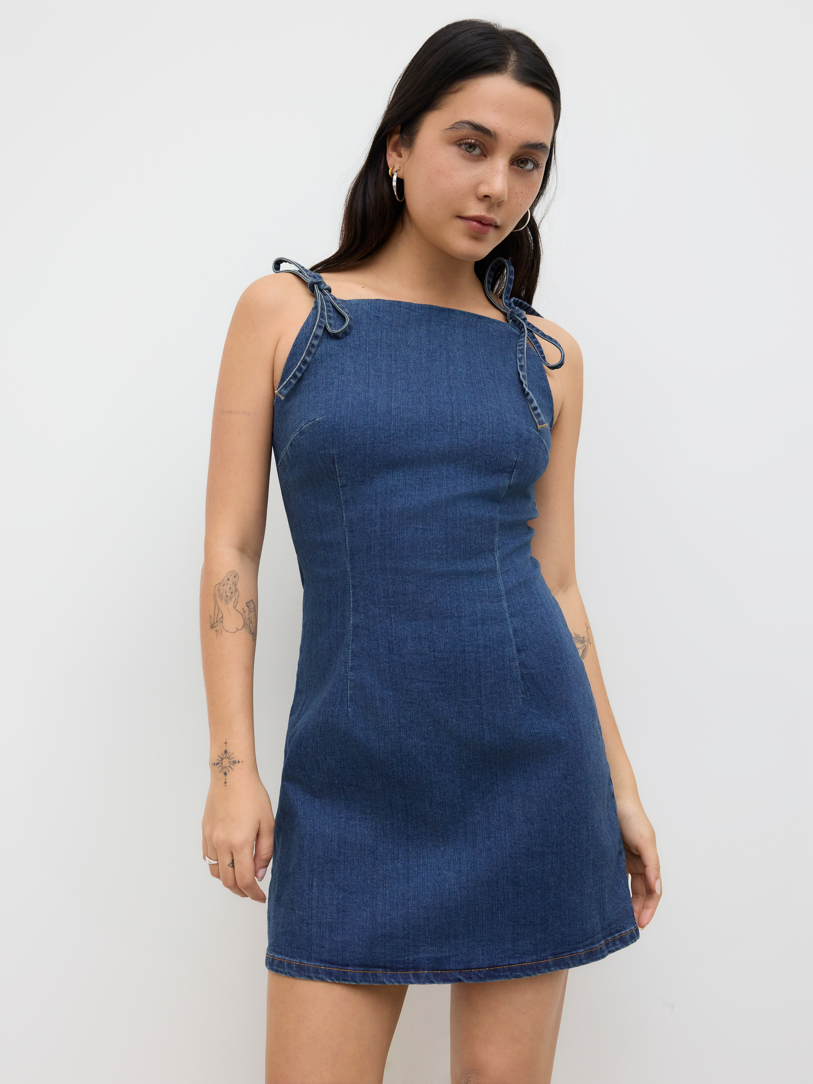 Stretch Denim Solid Zipper Knotted Mini Dress