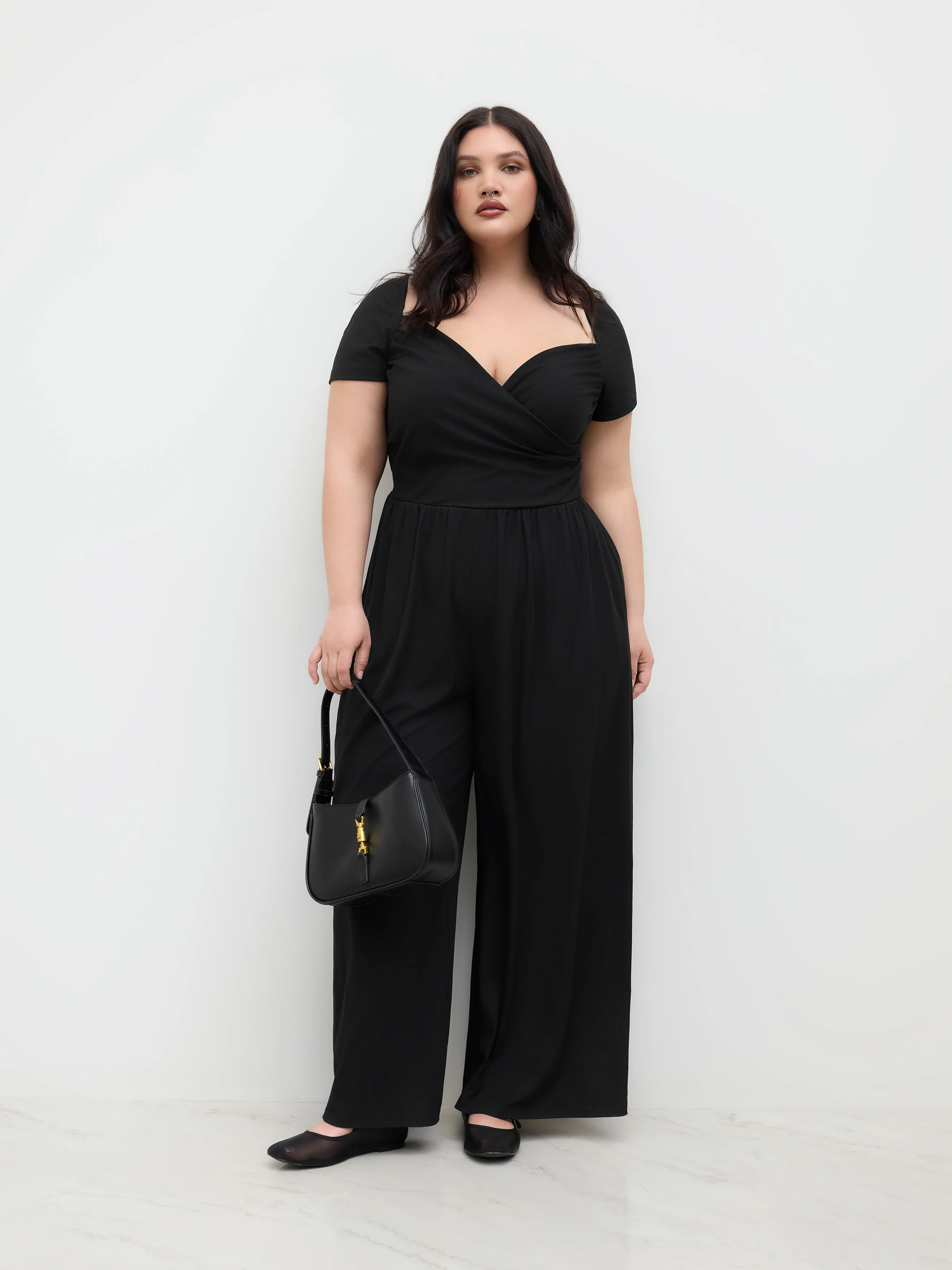 V-neck Ruched Straight Leg Jumpsuit Curve & Plus