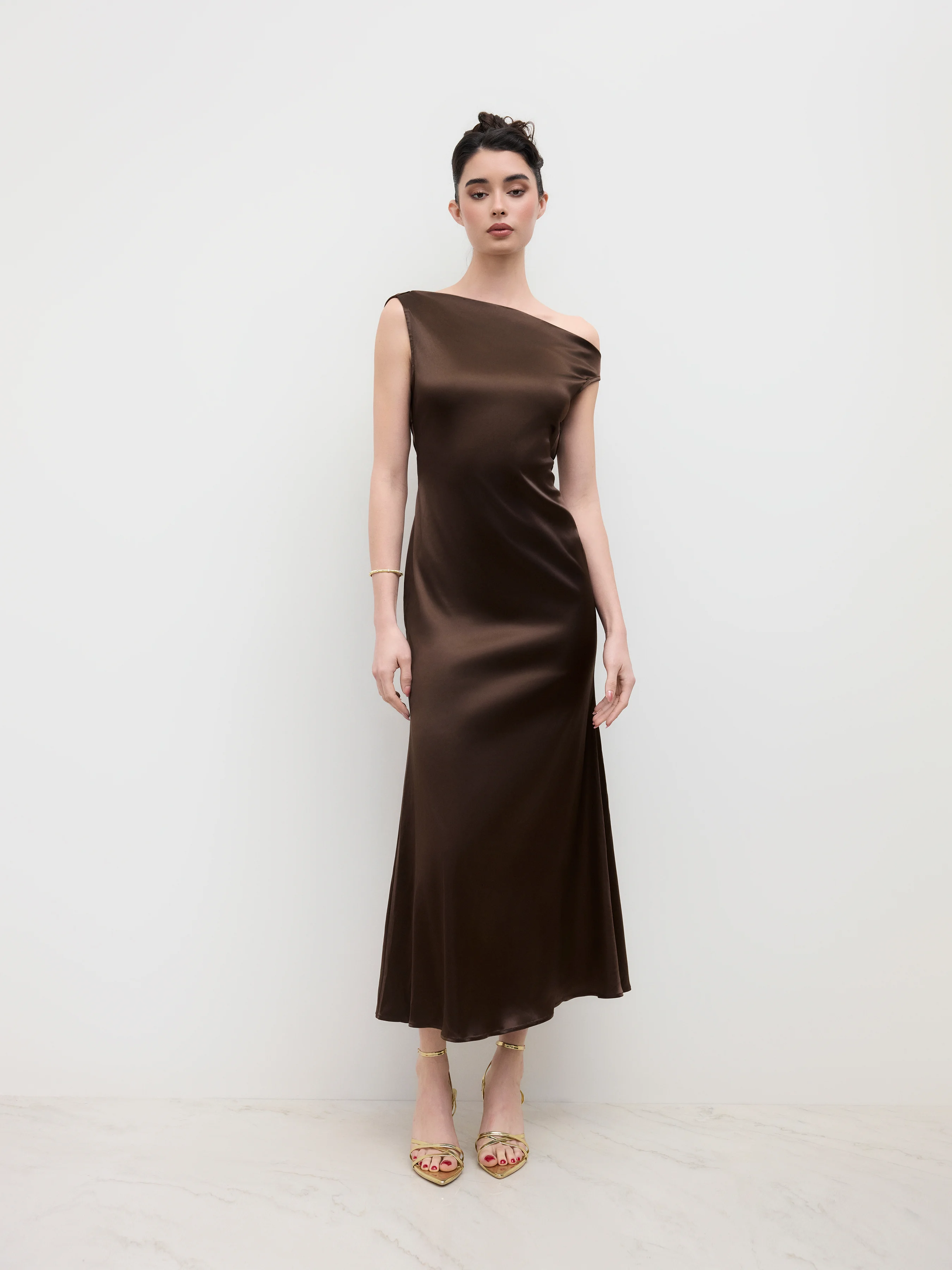 Satin Asymmetrical Neck Backless Maxi Dress