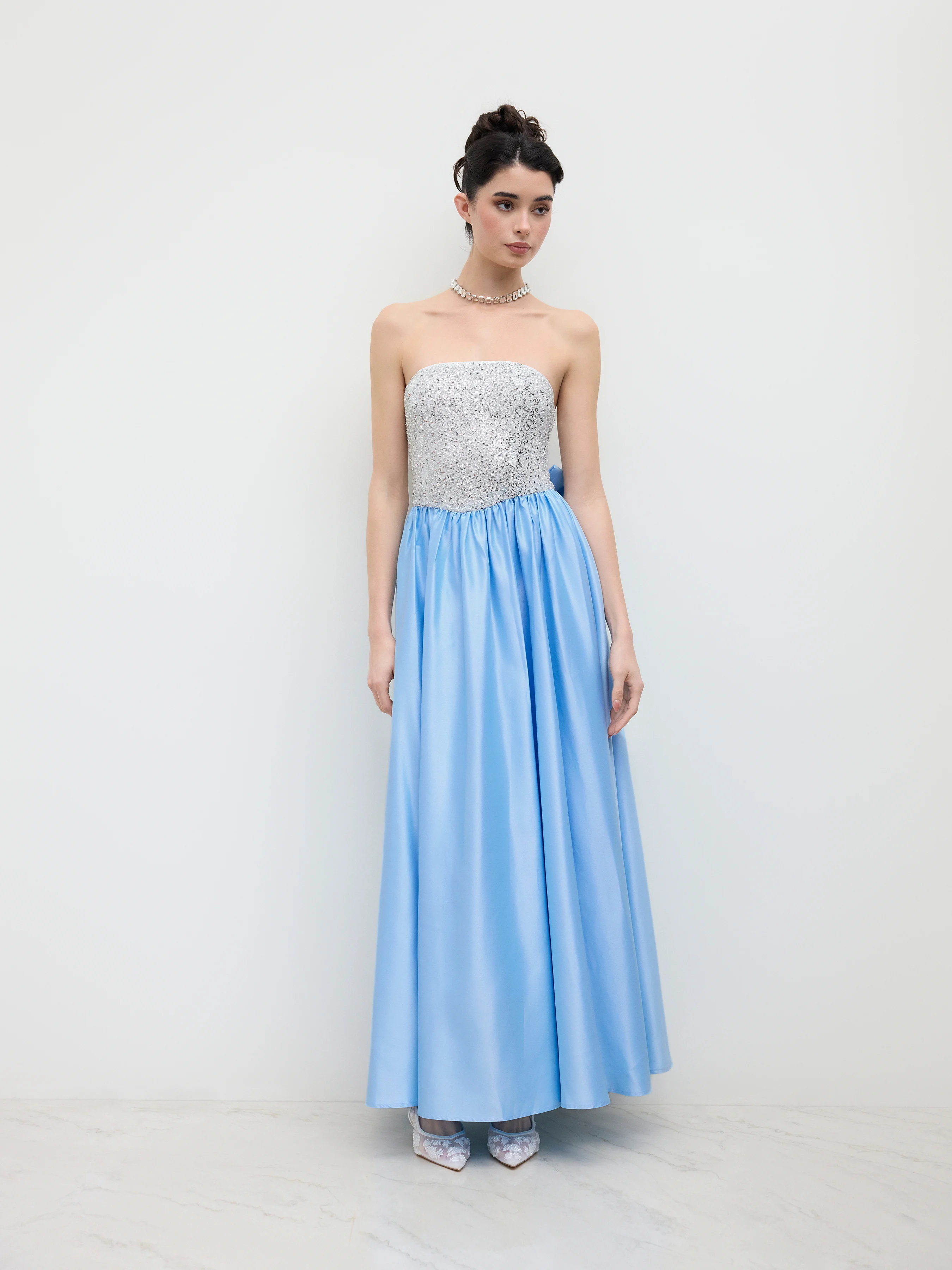 Satin Bandeau Sequin Bowknot Ruffle Maxi Dress