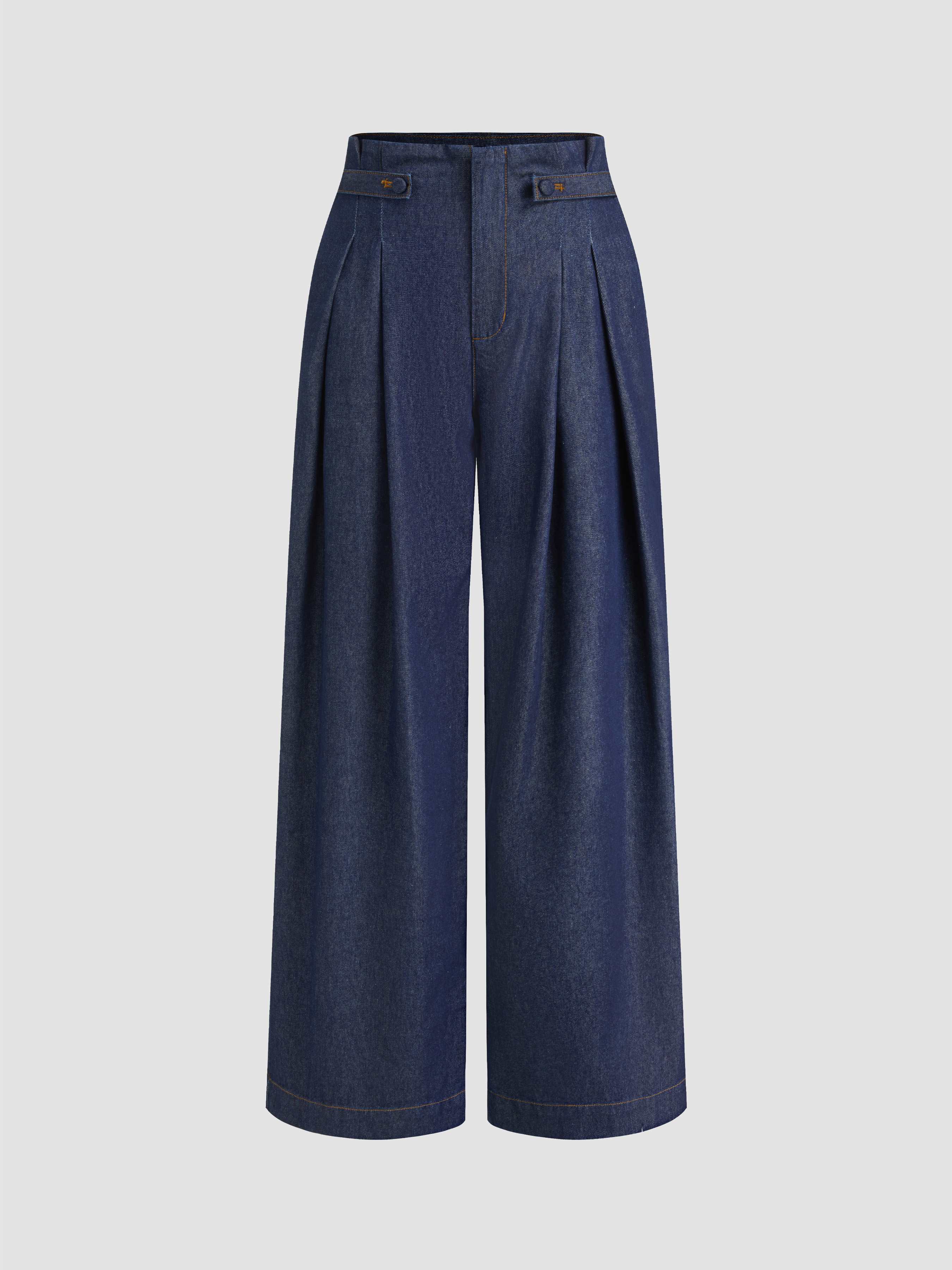 Denim Mid Rise Pleated Wide Leg Jeans