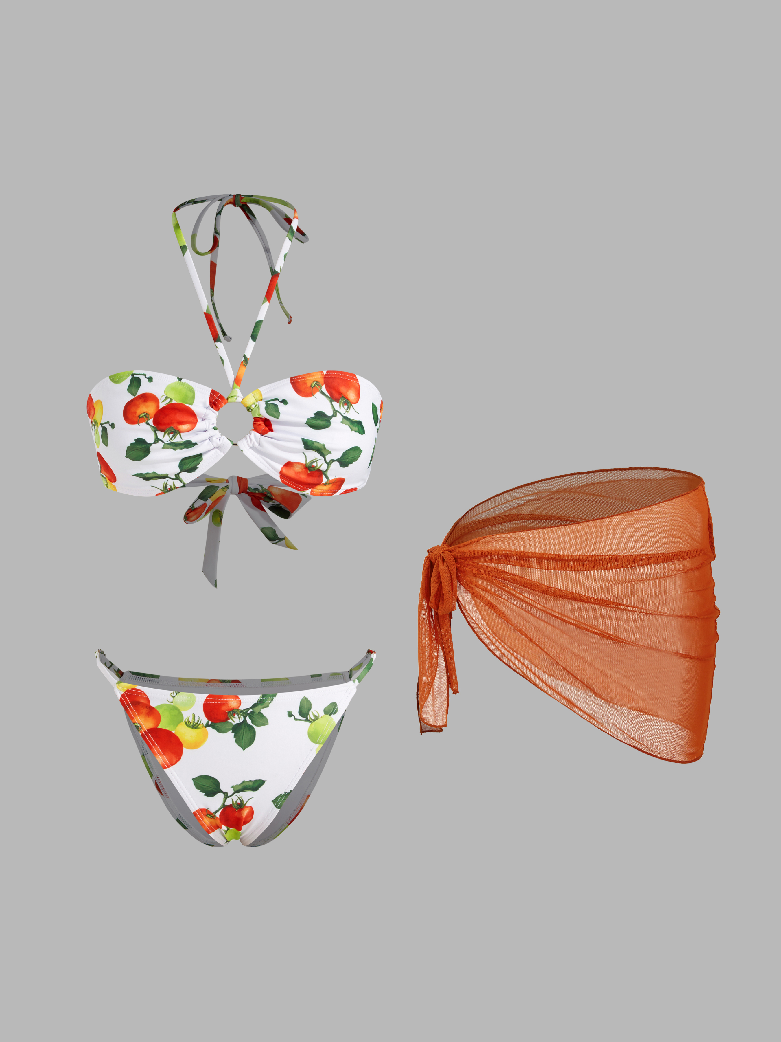 Multi-way Halter Neckline Tomato Knotted Bandeau Thong Bikini Set With Sarong