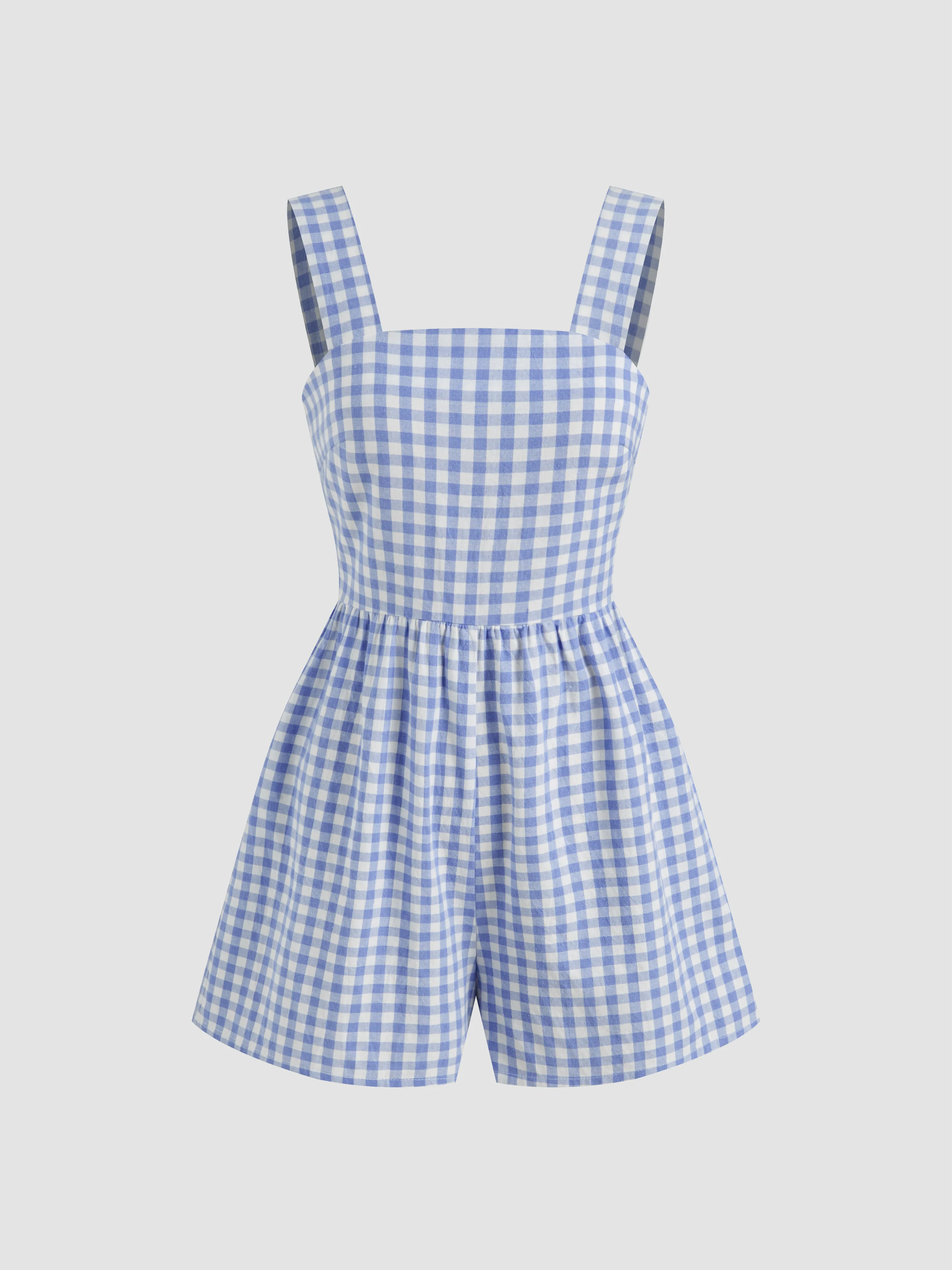 Cotton-blend Square Neck Gingham Bowknot Romper