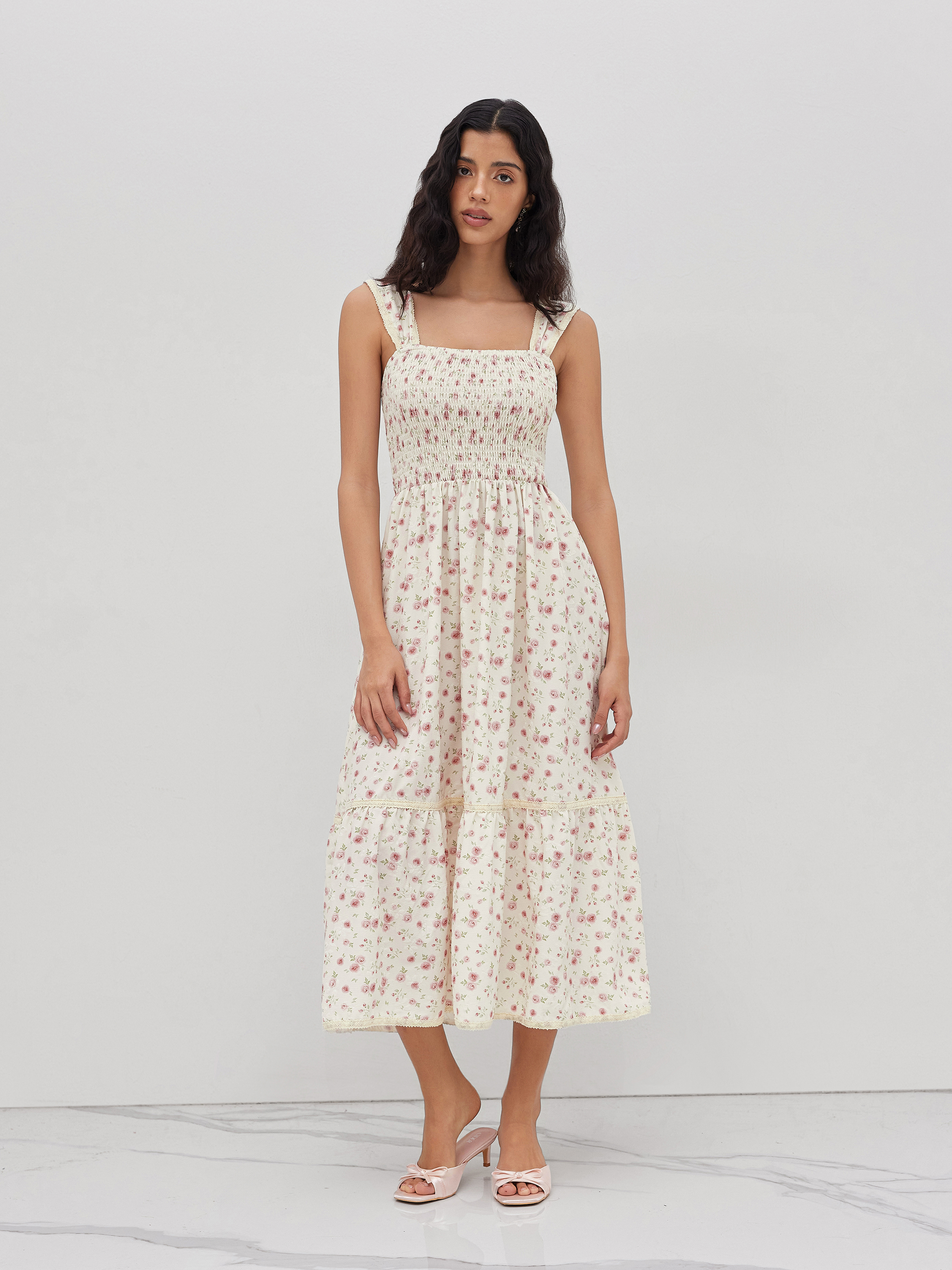 Square Neck Ditsy Floral Shirred Midi Dress