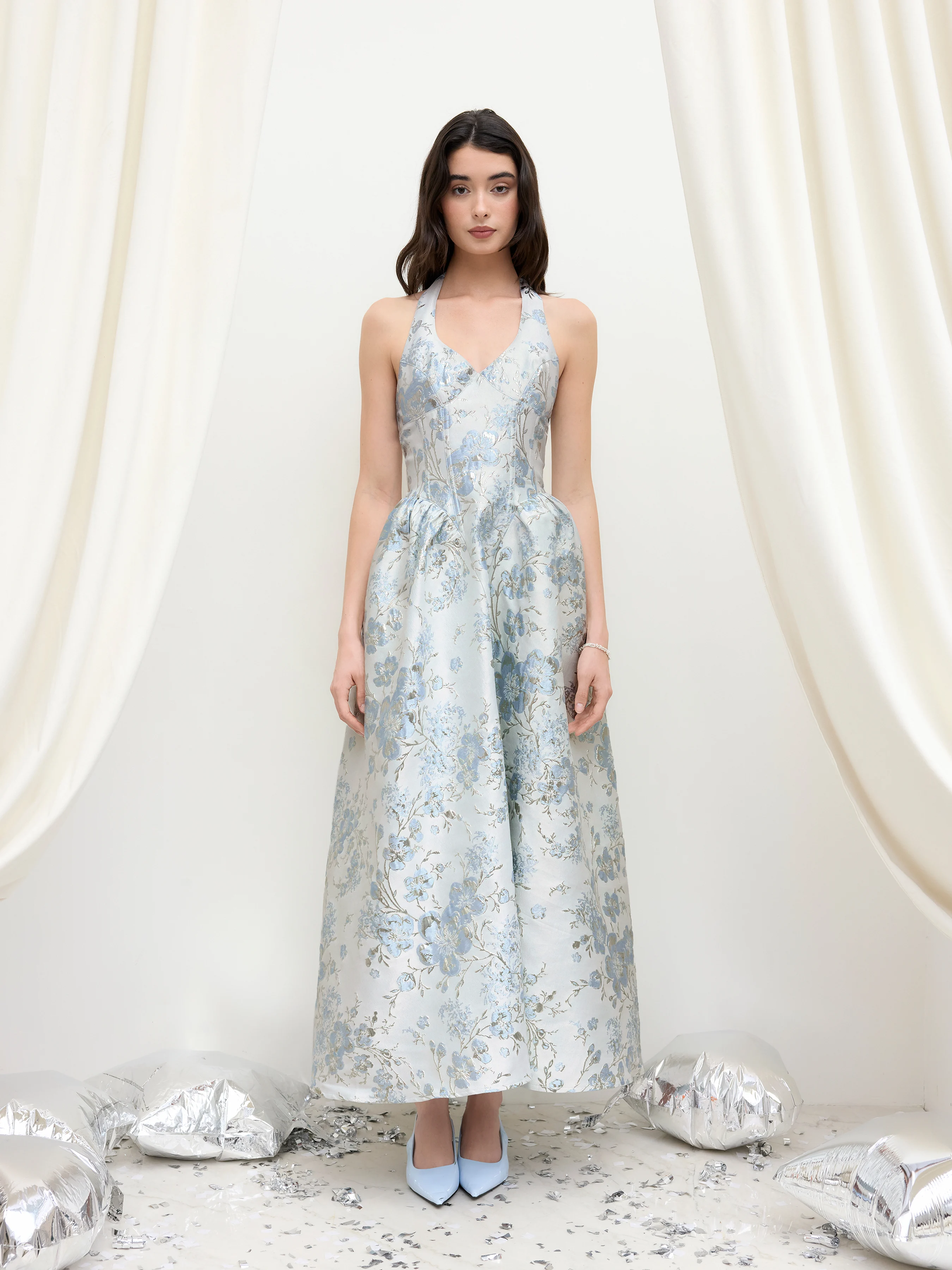 Jacquard Sculptural Halter Neckline Floral Maxi Dress