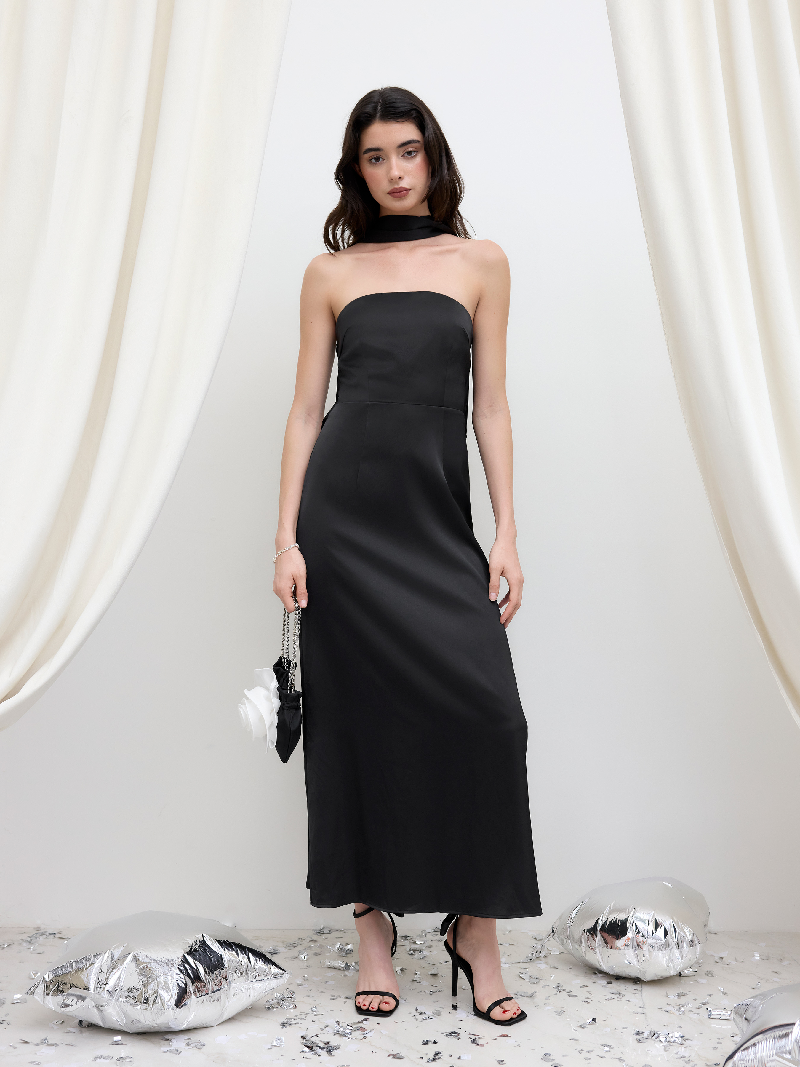 Satin Halter Neckline Bandeau Maxi Dress