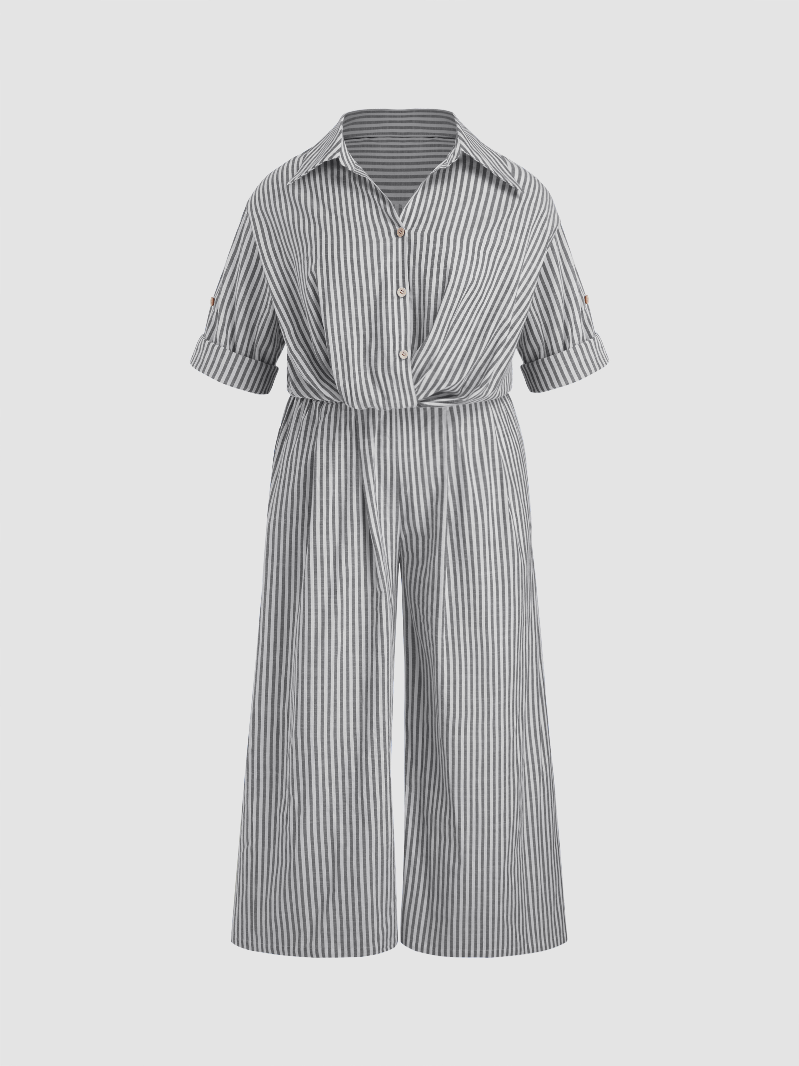 Cotton-blend Collar Striped Knotted Roll-up Sleeve Jumpsuit Curve & Plus
