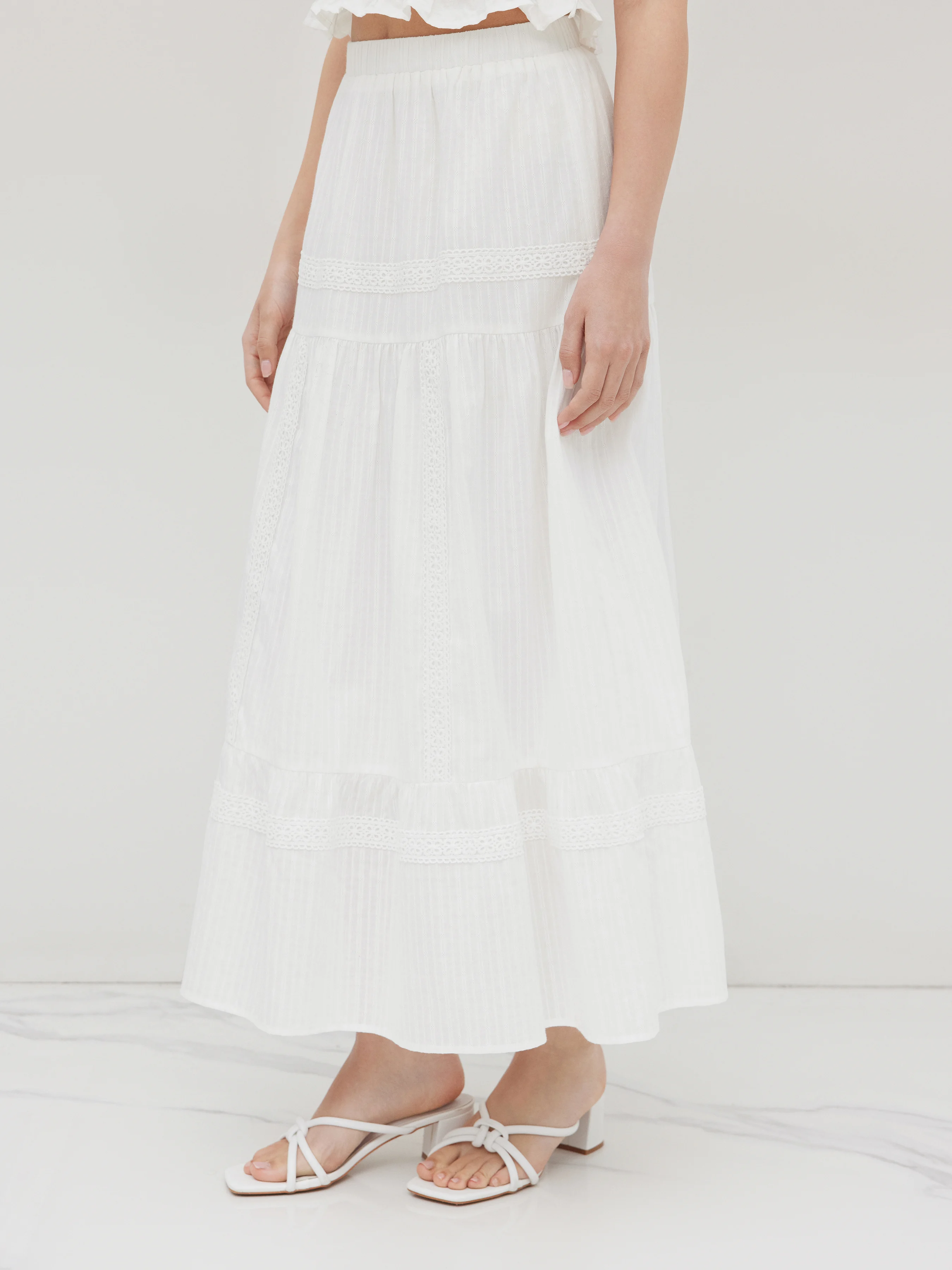 Cotton Mid Rise Embroidery Ruffle Maxi Skirt