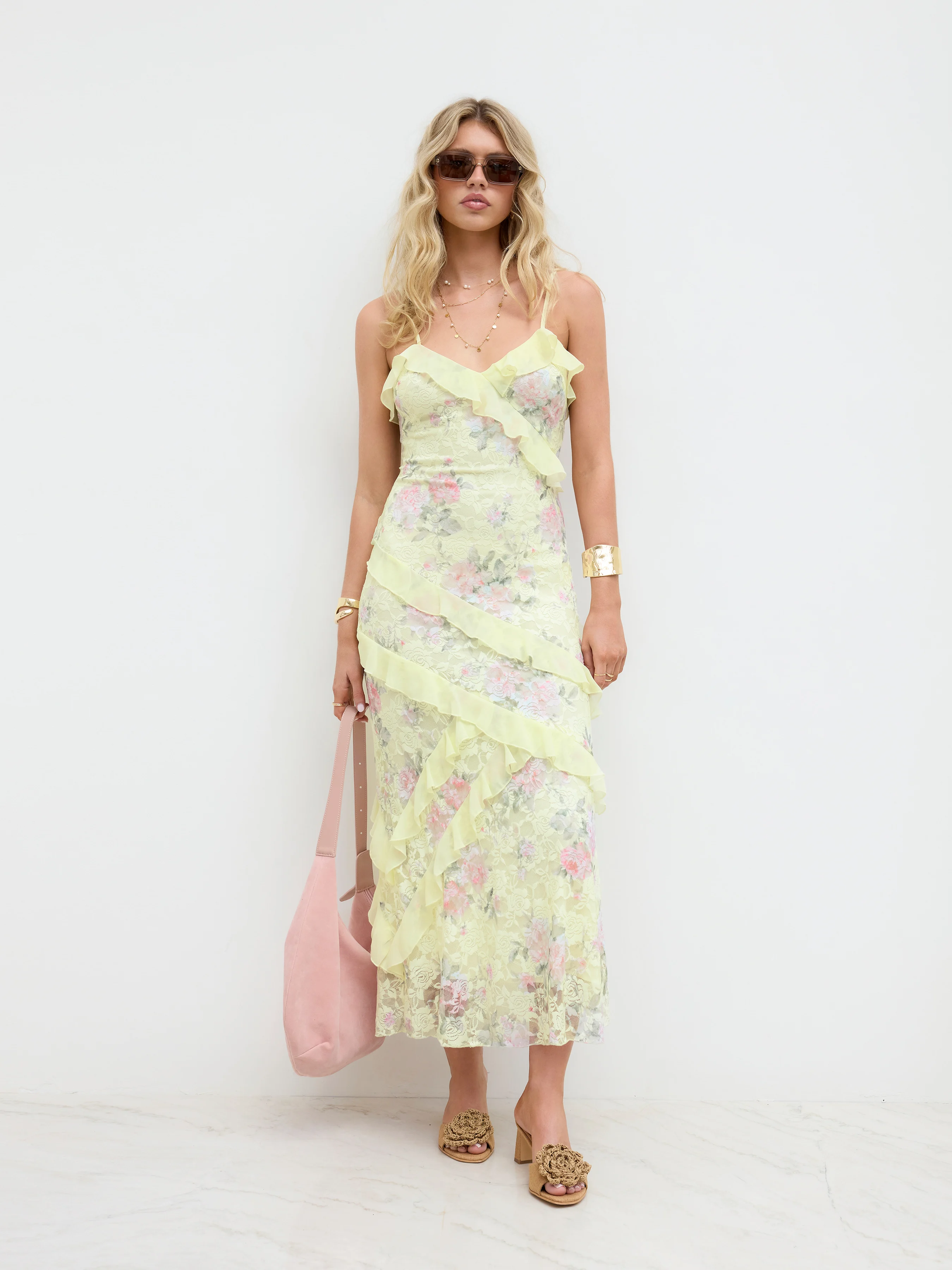 Lace V-neck Floral Ruffle Maxi Dress