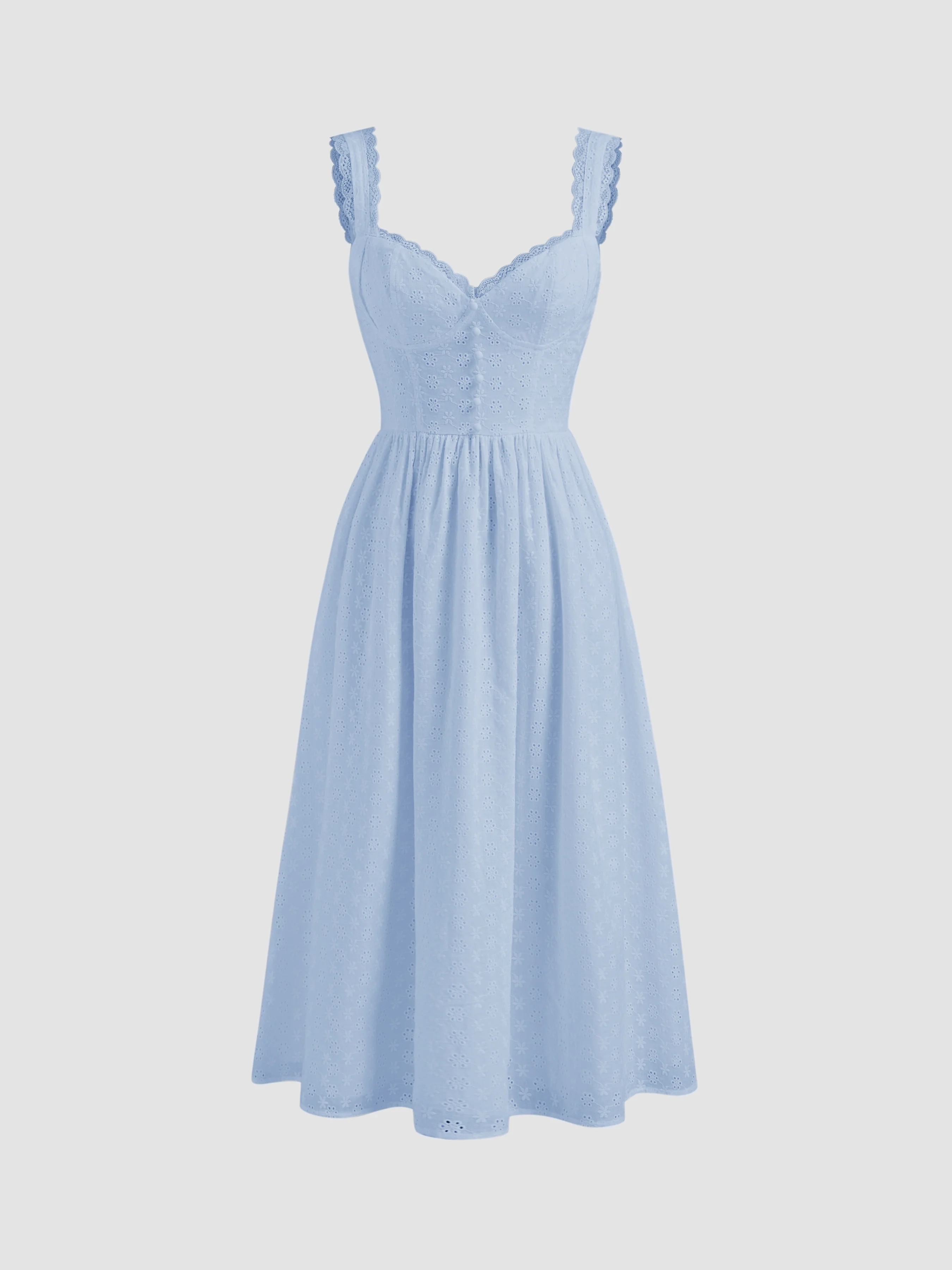 Cotton V-neck Broderie Anglaise Floral Button Midi Dress