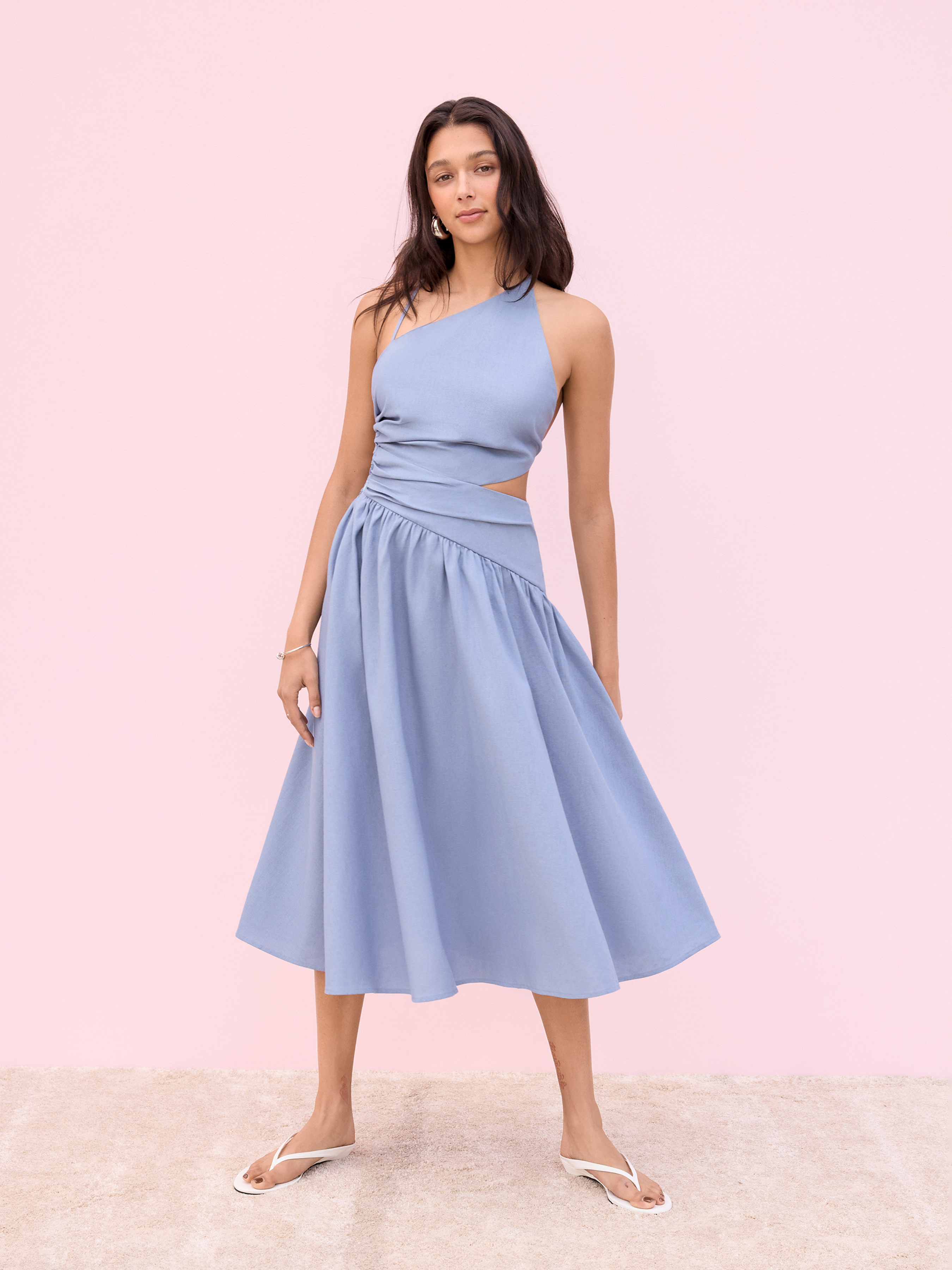 Linen-blend Asymmetrical Neck Cut Out Ruched Backless Midi Dress