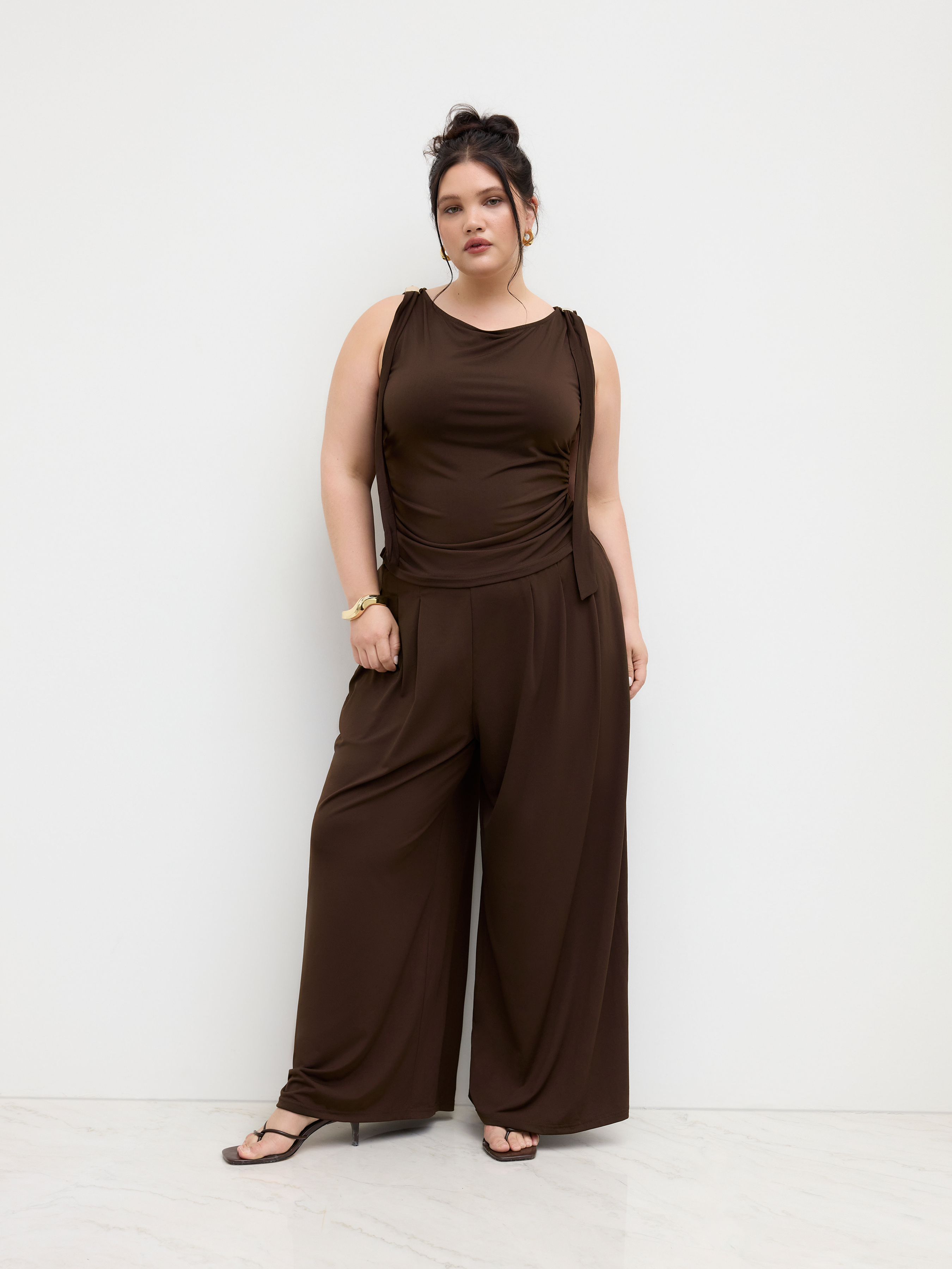 Boat Neck Knotted Ruched Top & Straight Leg Trousers Set Curve & Plus