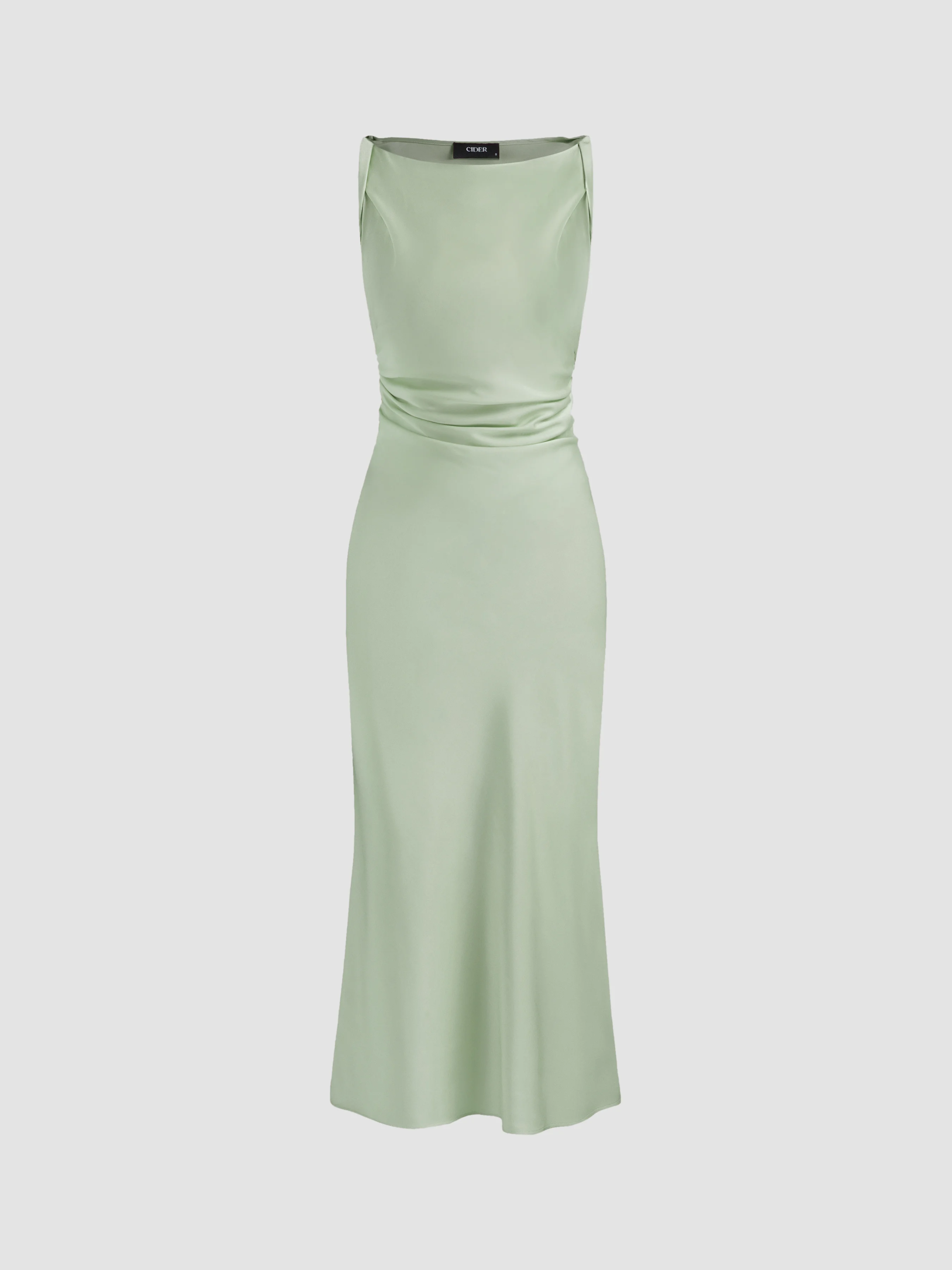Satin Boat Neck Ruched Maxi Dress