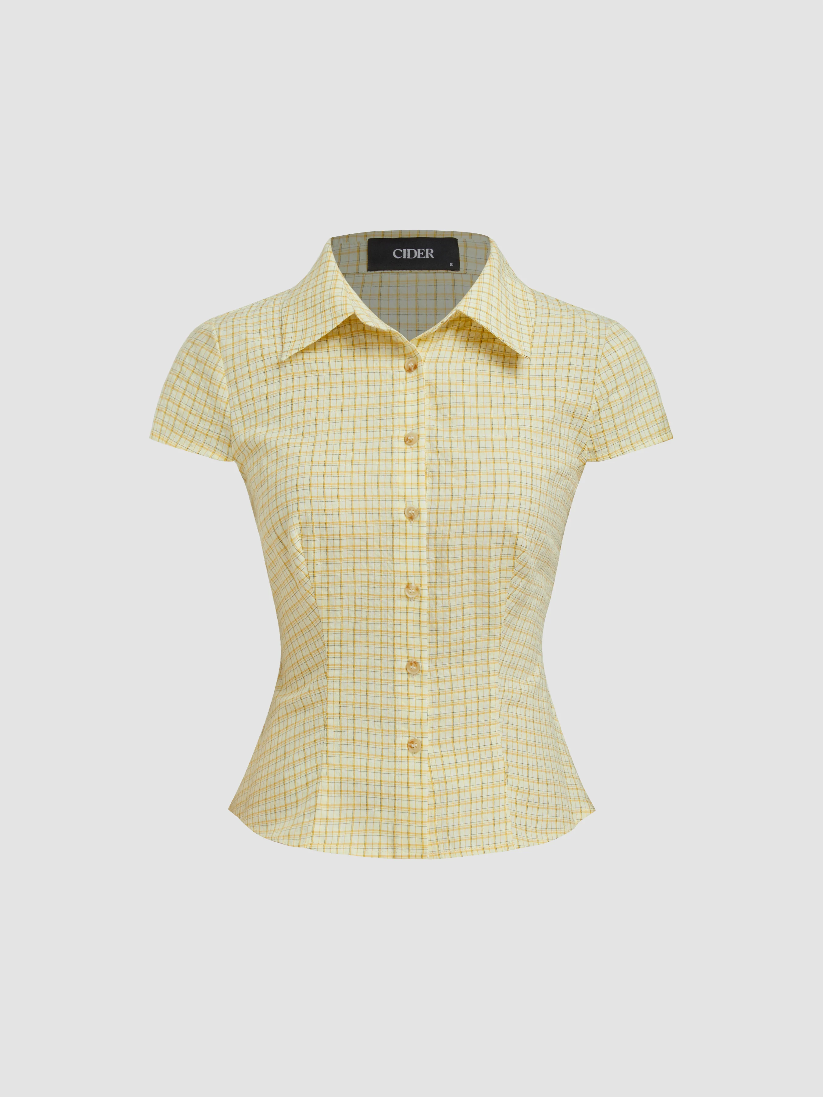 Cotton-blend Tartan Short Sleeve Gingham Blouse