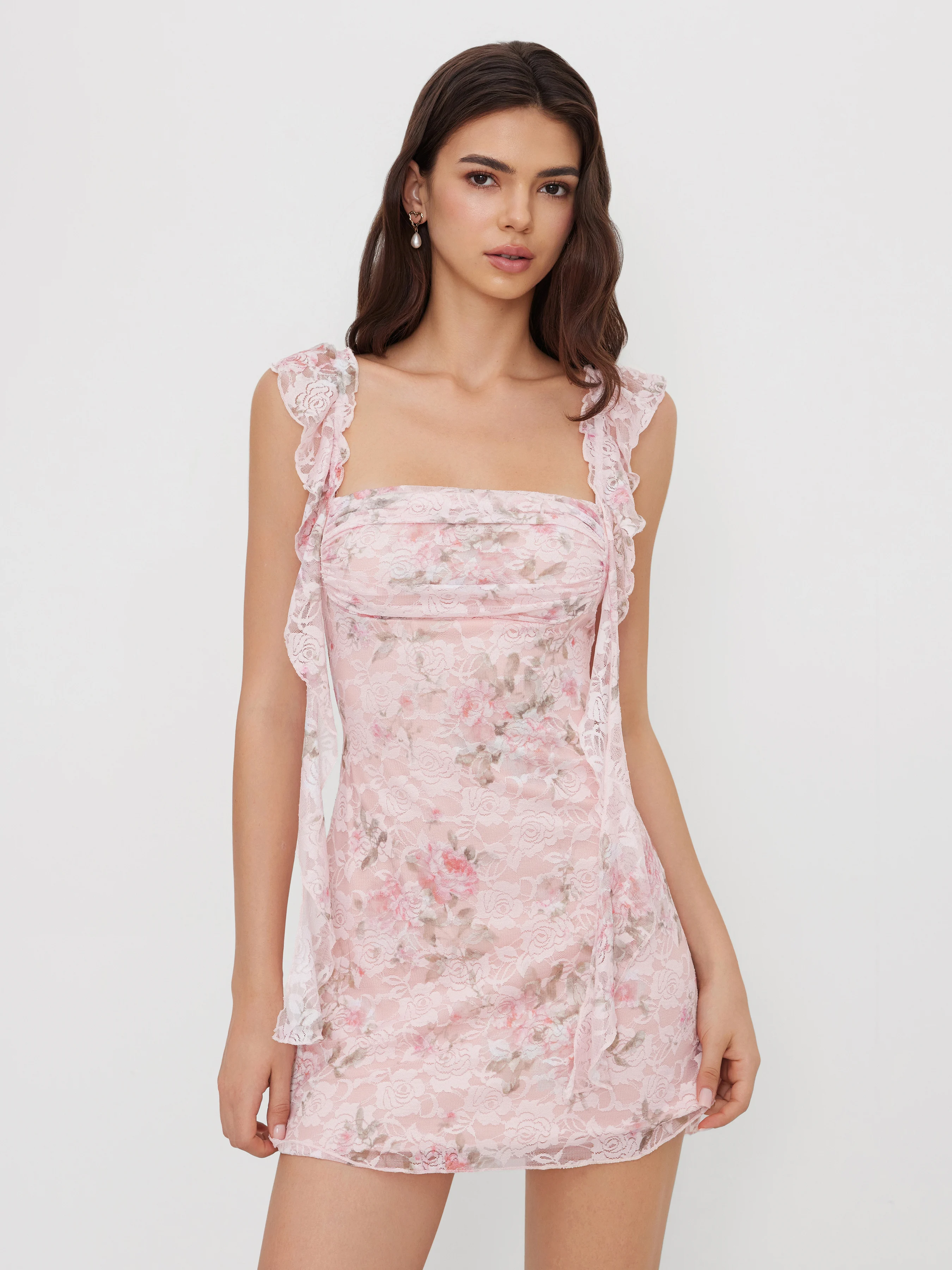 Square Neck Lace Floral Ruffle Hem Ruched Mini Dress