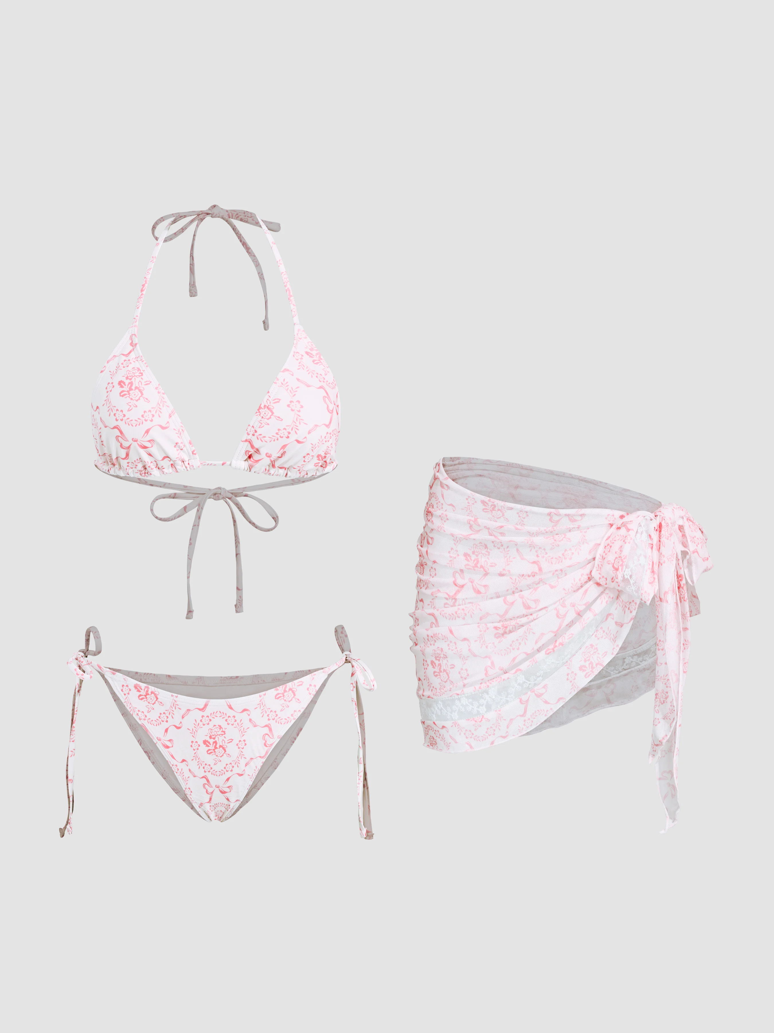 V-neck Bowknot & Flower Knotted Halter Tie Side Bikini Set With Lace Sarong