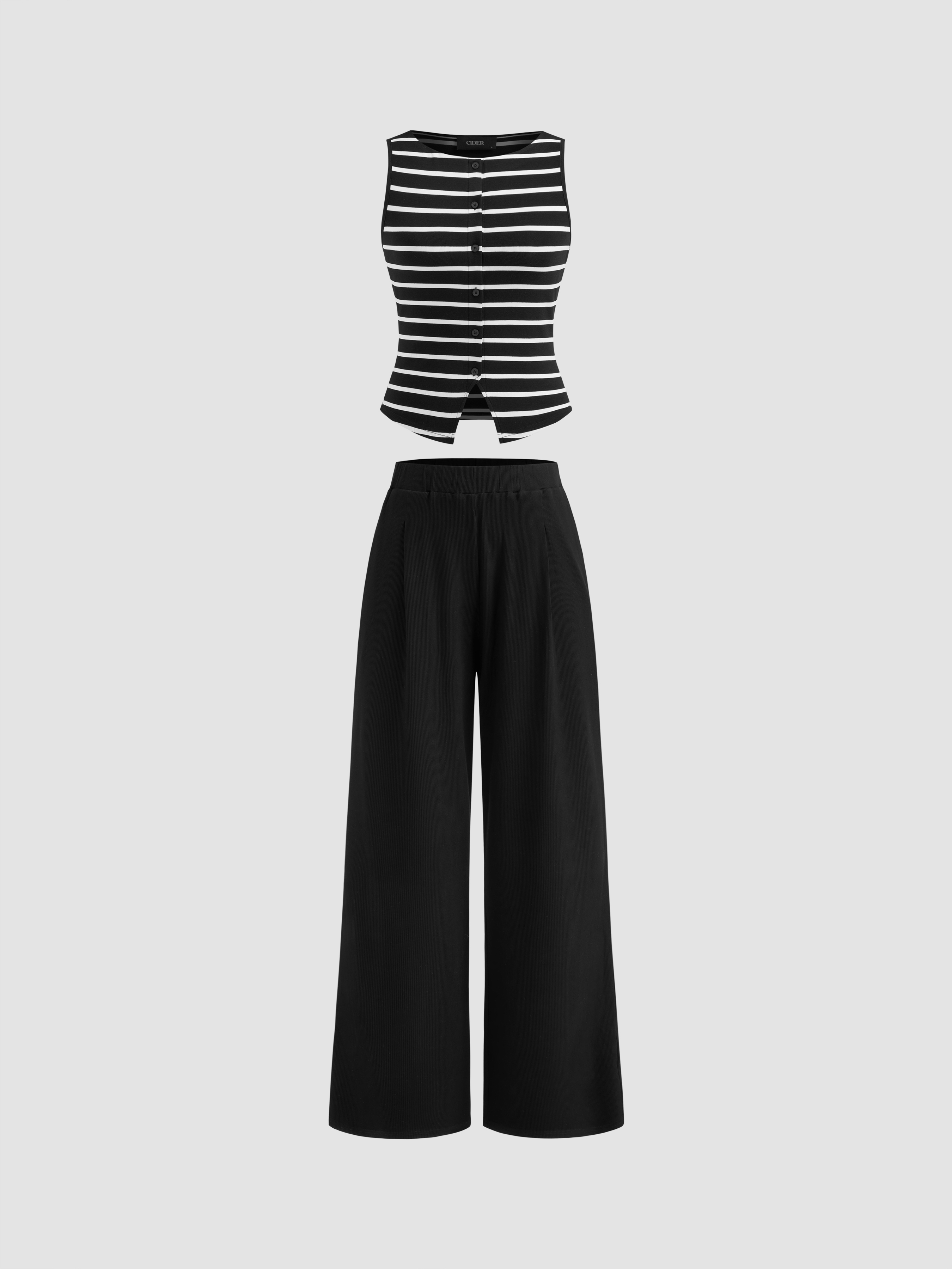 Striped Round Neckline Split Tank Top & Mid Rise Straight Leg Trousers Set
