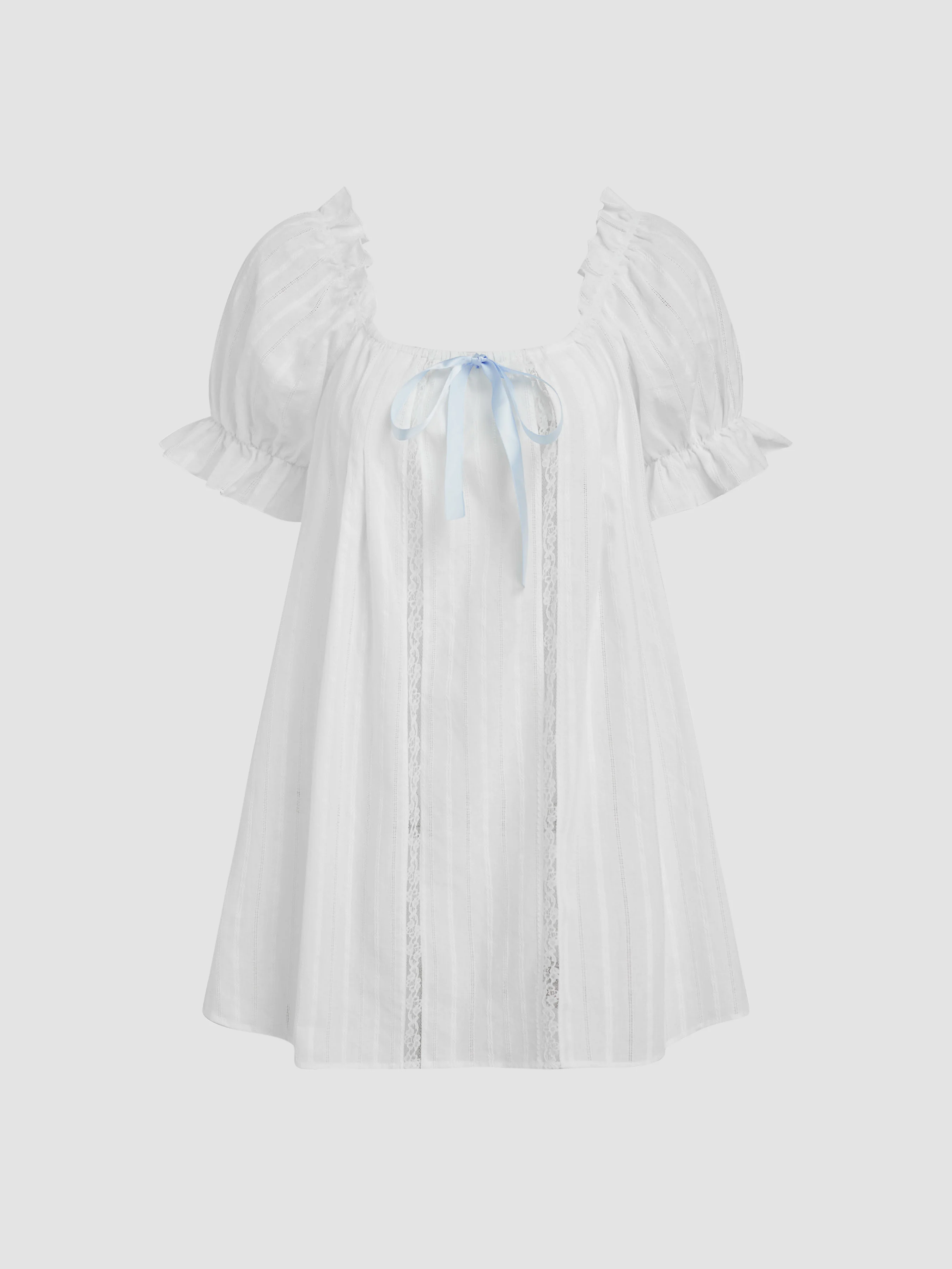 Cotton-blend U-neckline Bowknot Lettuce Trim Puff Sleeve Mini Nightdress