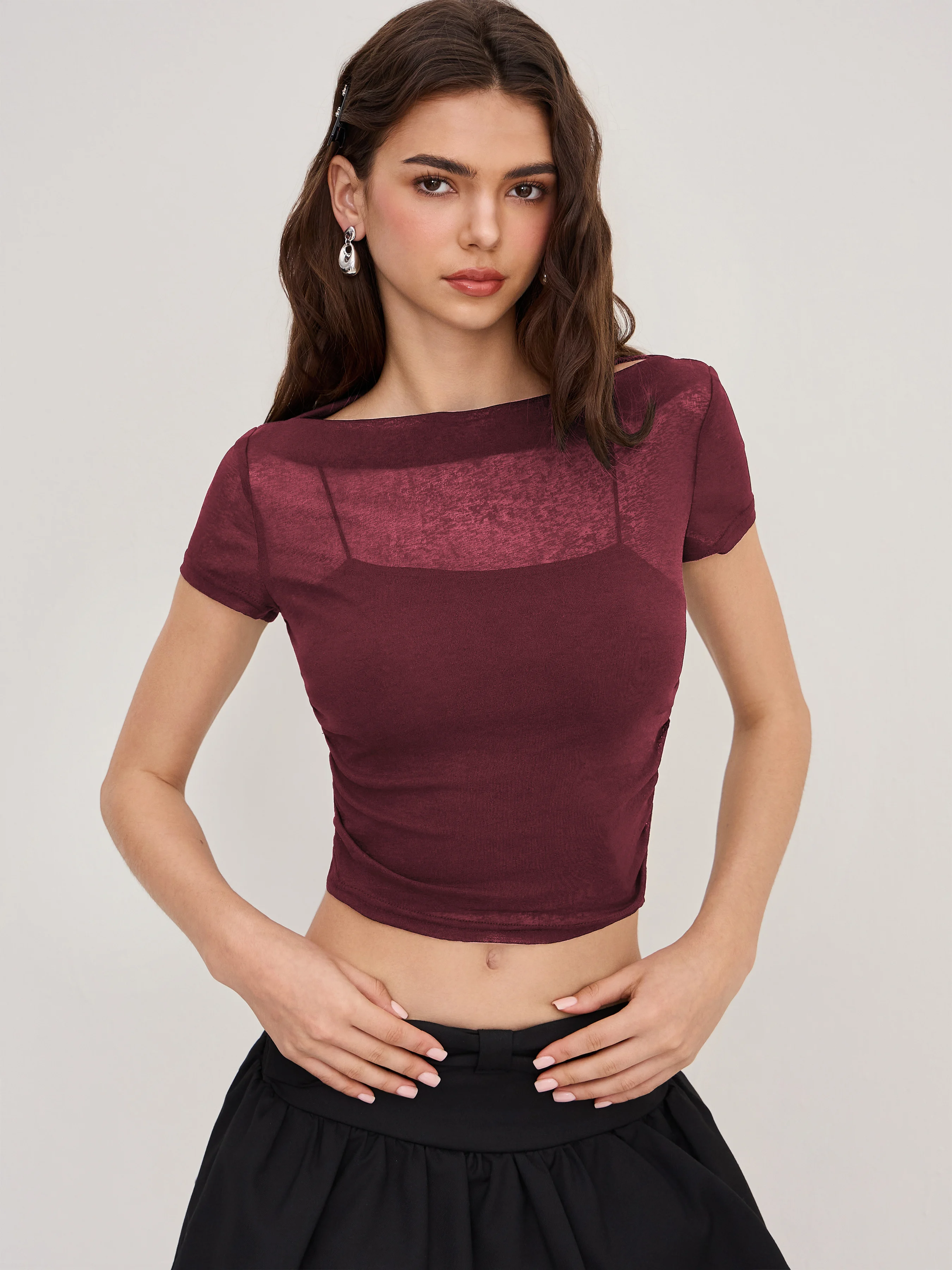 Off-shoulder Ruched Short Sleeve Tee & Cami Top