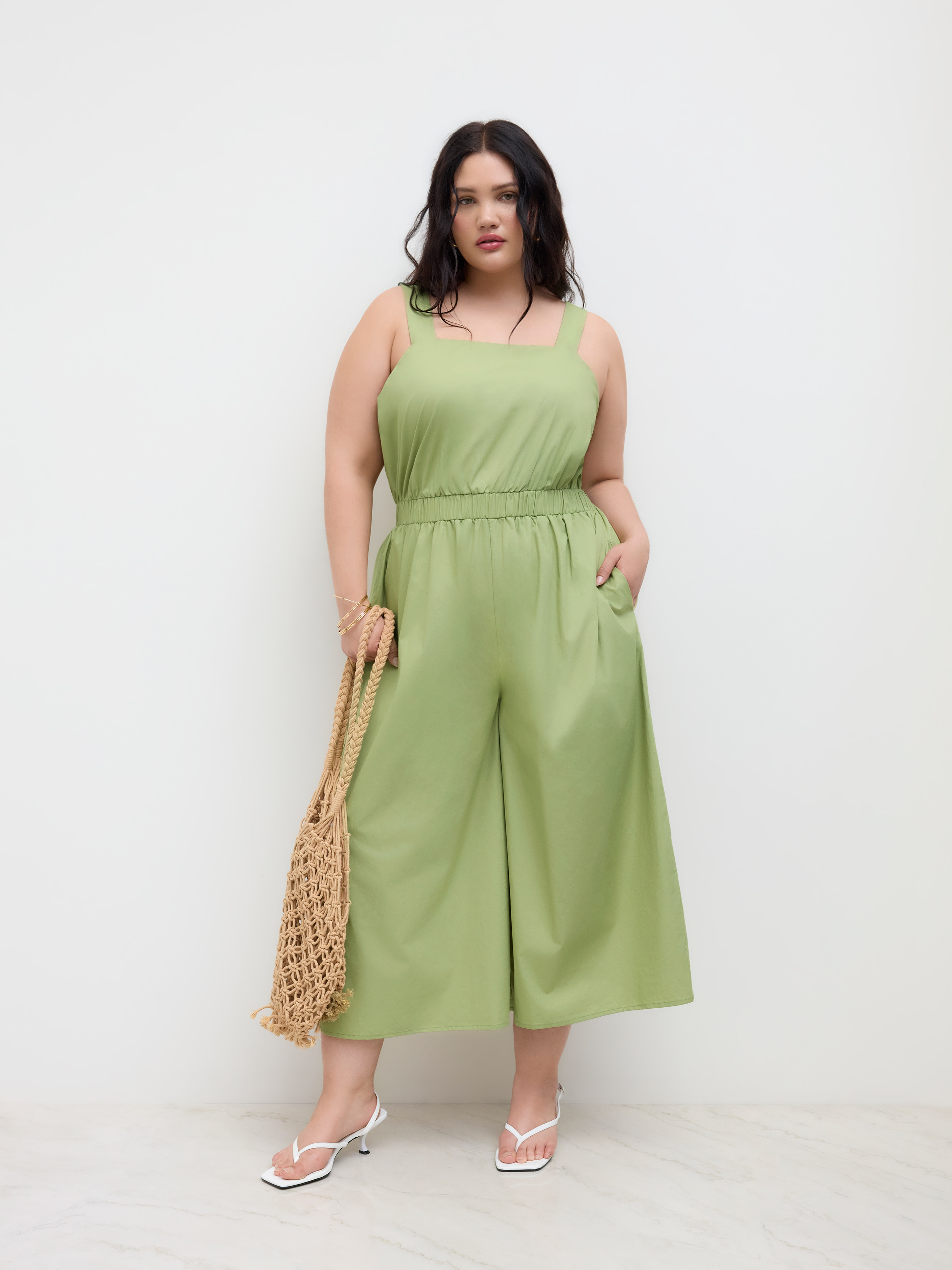 Cotton Square Neck Elastic Waist Wide Leg Jumpsuit Curve & Plus