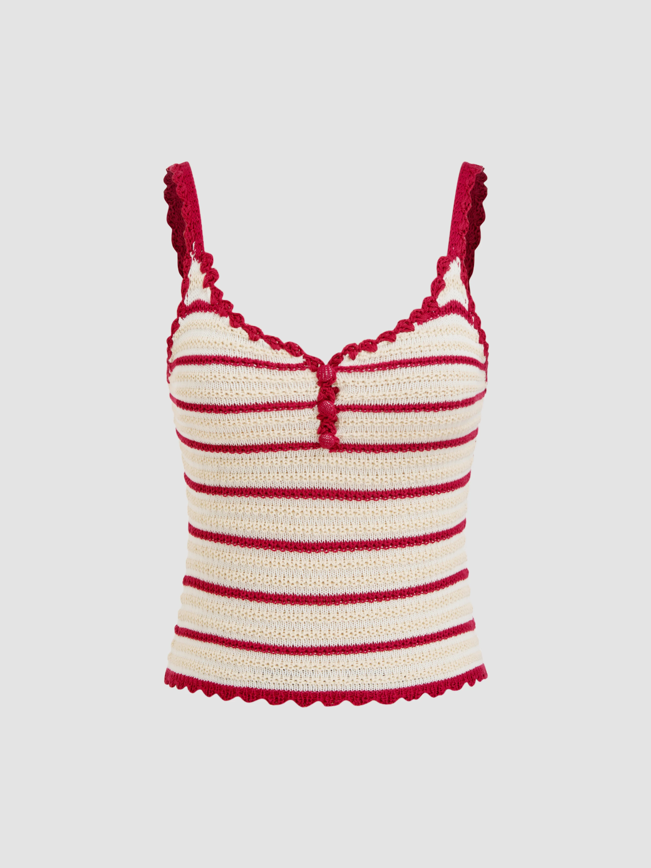 Scallop Trim Crochet Striped Knit Cami Tank Top