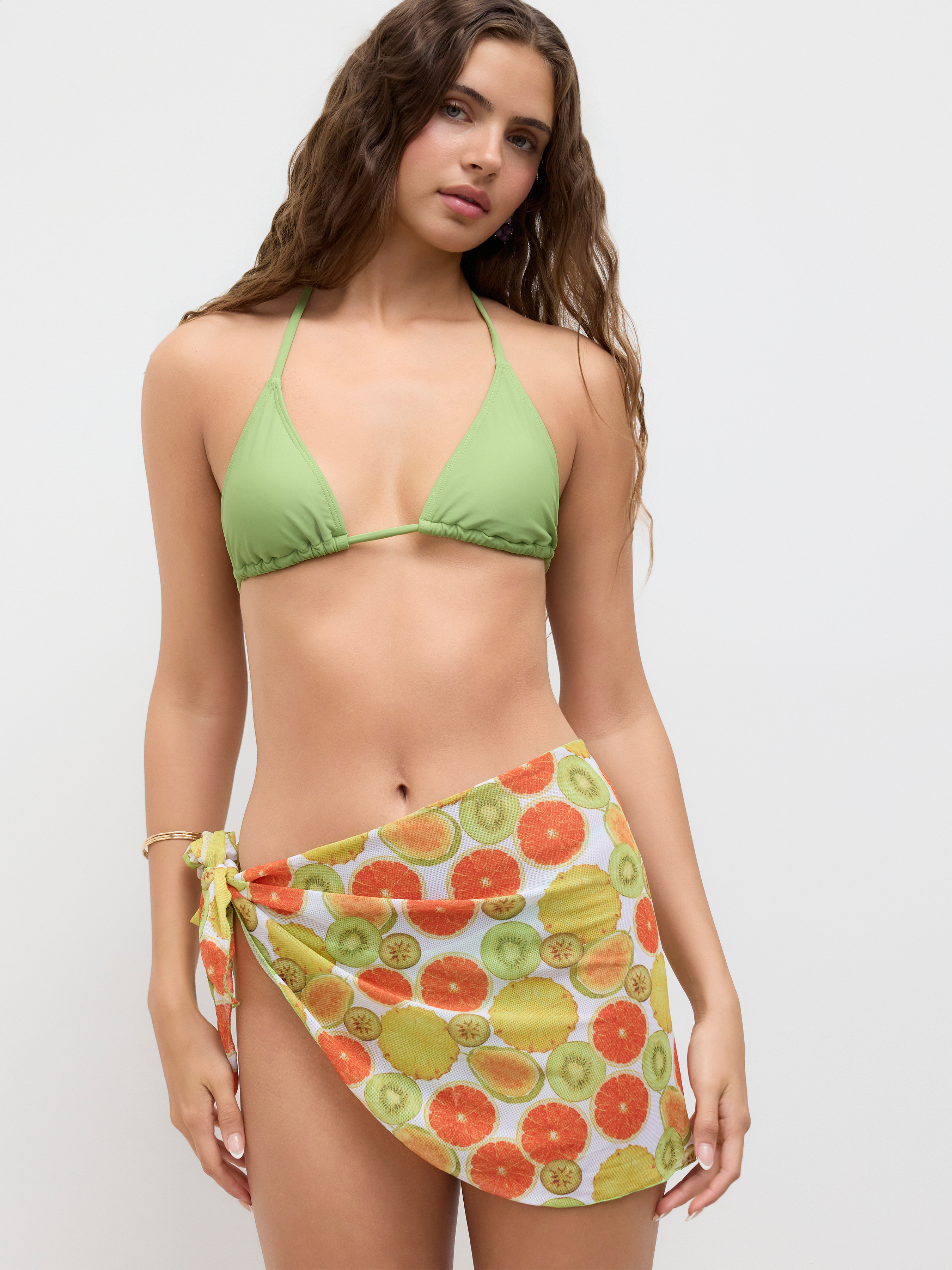 Halter Neckline Knotted Triangle Thong Bikini Set With Fruit Sarong