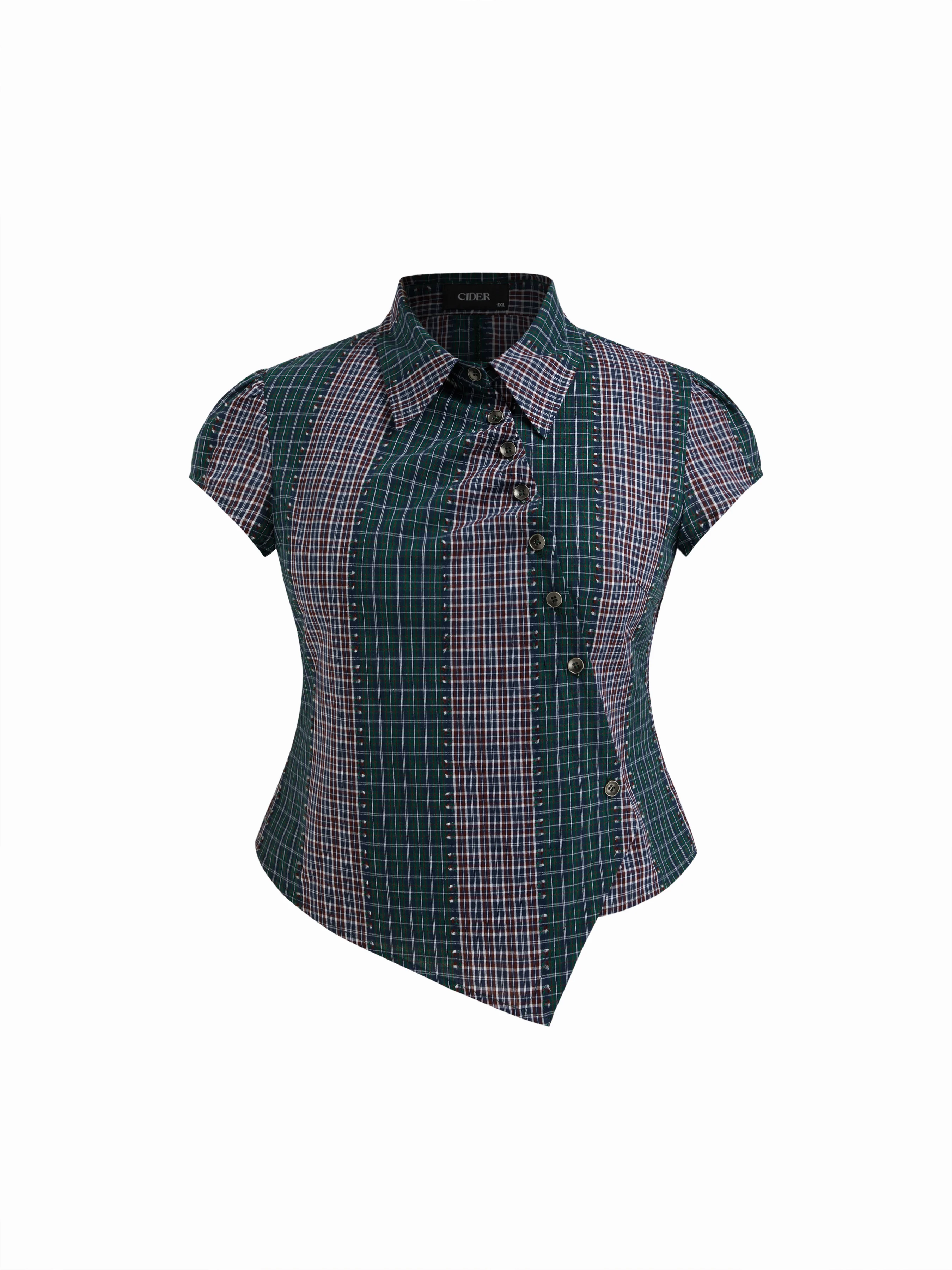 Cotton-blend Asymmetrical Button Two Tone Patched Shirt Curve & Plus