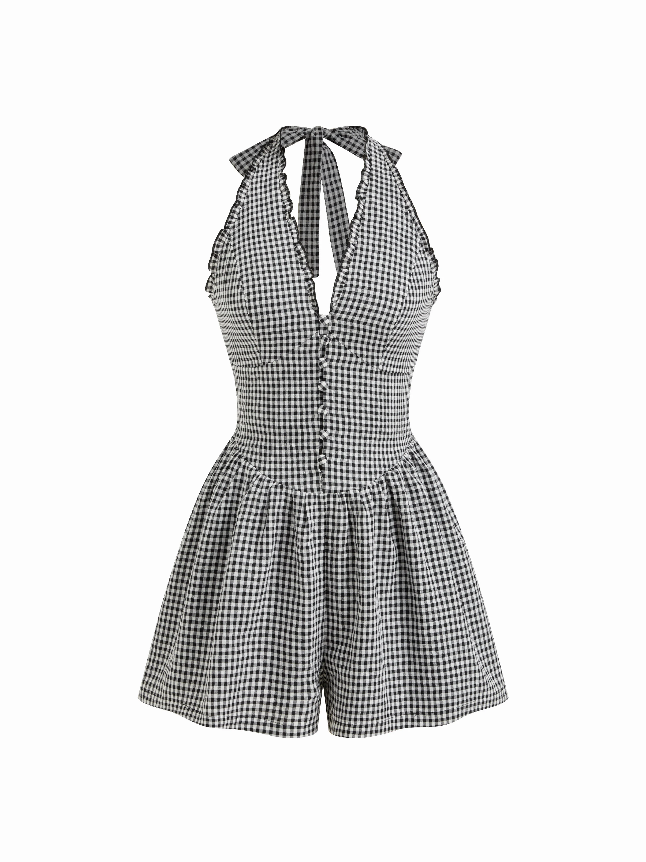 Gingham Halter Neckline Shirred Romper
