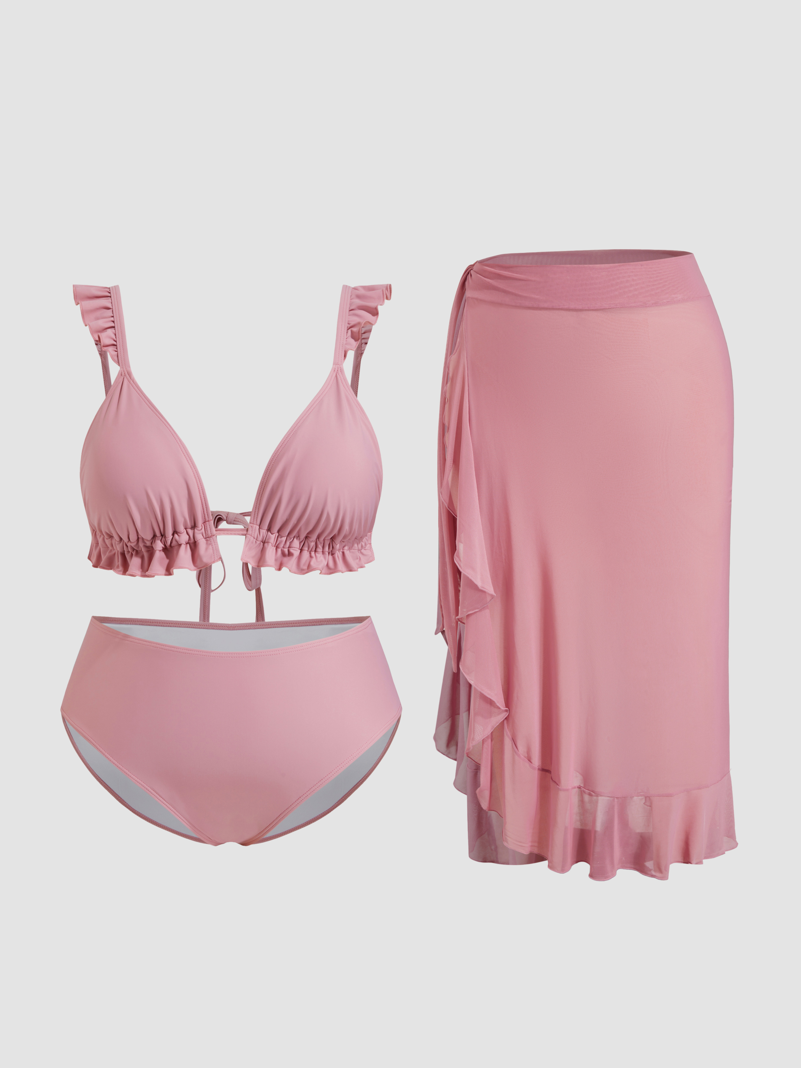 V-neck Lettuce Trim Triangle Bikini Set With Beach Skirt Curve & Plus