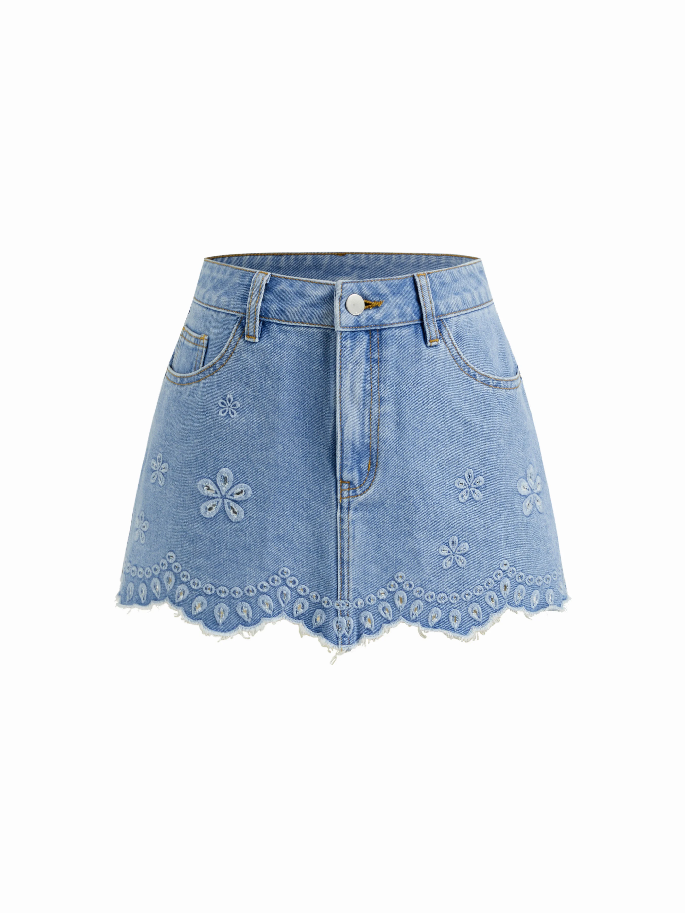 Denim Low Rise Floral Embroidery Raw Hem Mini Skirt