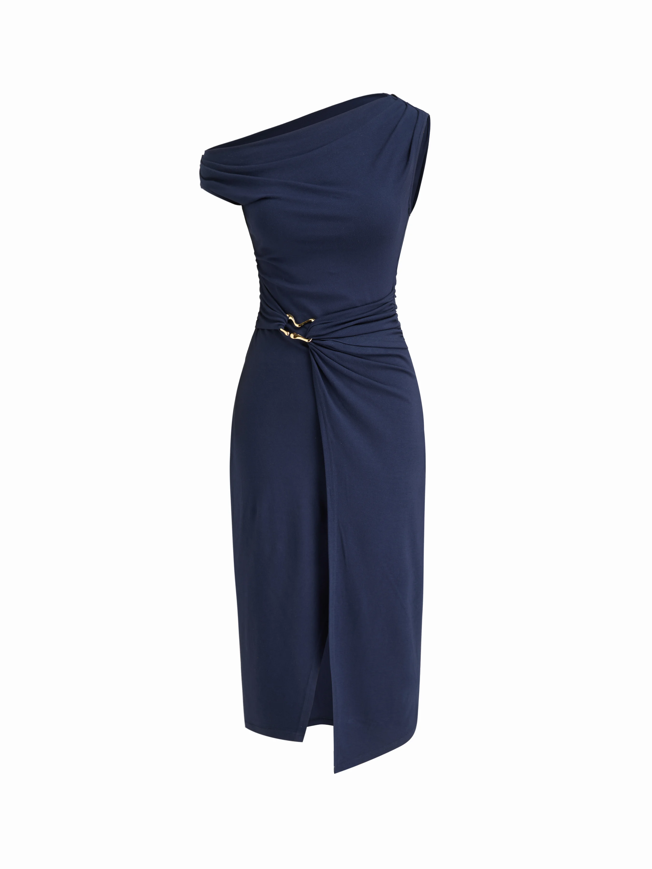 Asymmetrical Neck Wrap Metal Detail Ruched Midi Dress