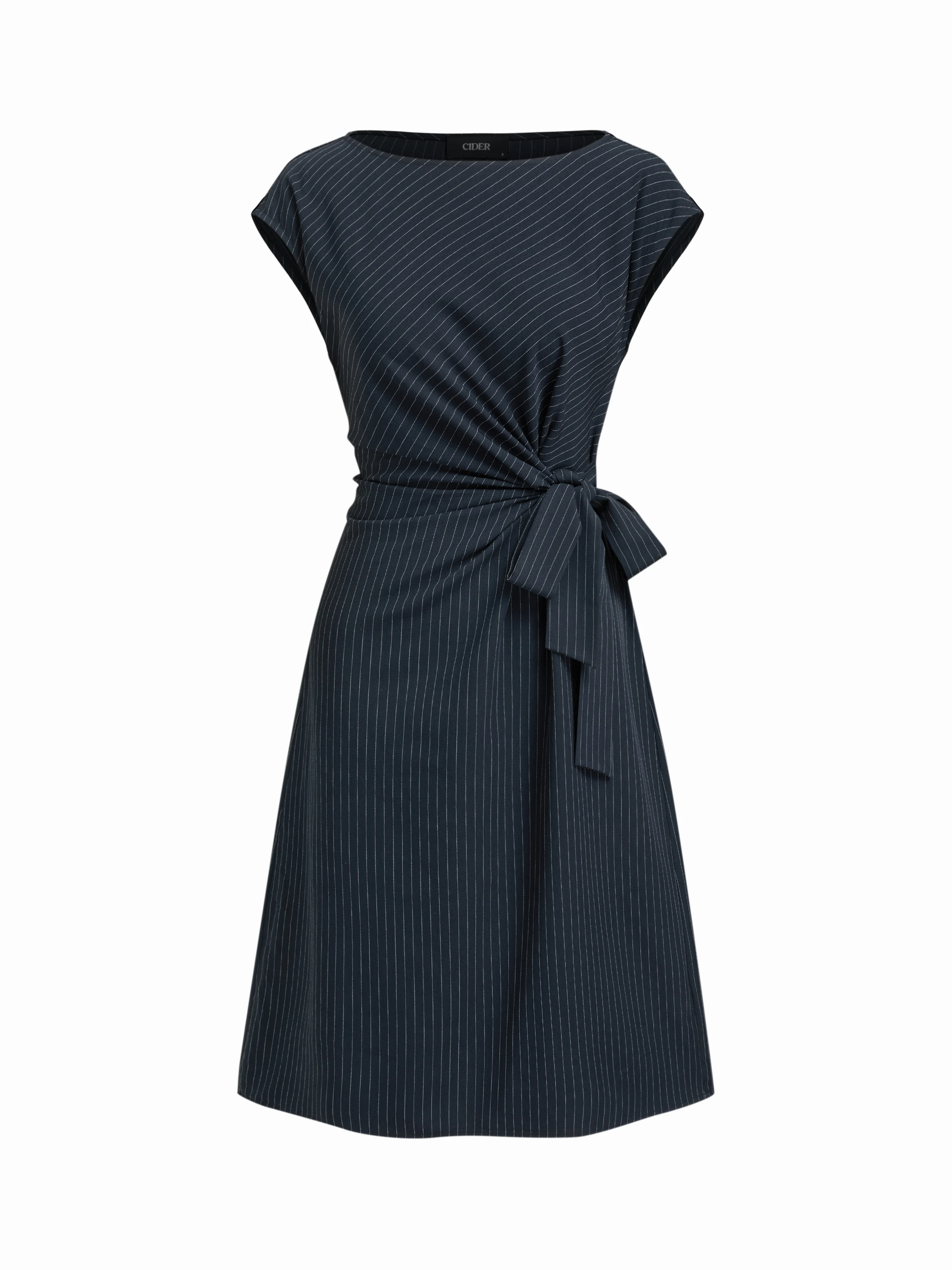 Boat Neck Stripe Knotted Ruched Midi Dress