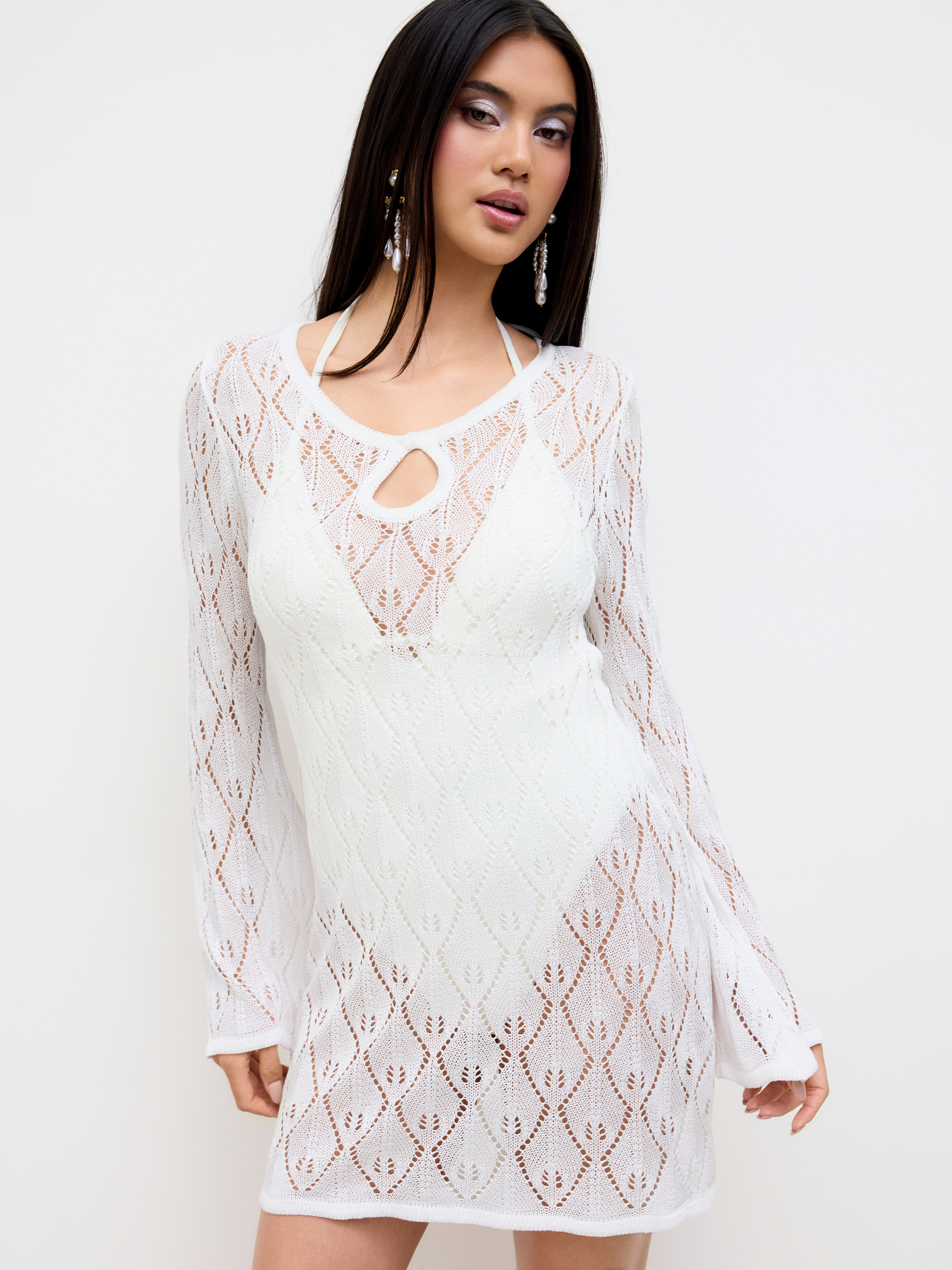 Knit Round Neckline Cut Out Crochet Cover Up Dress