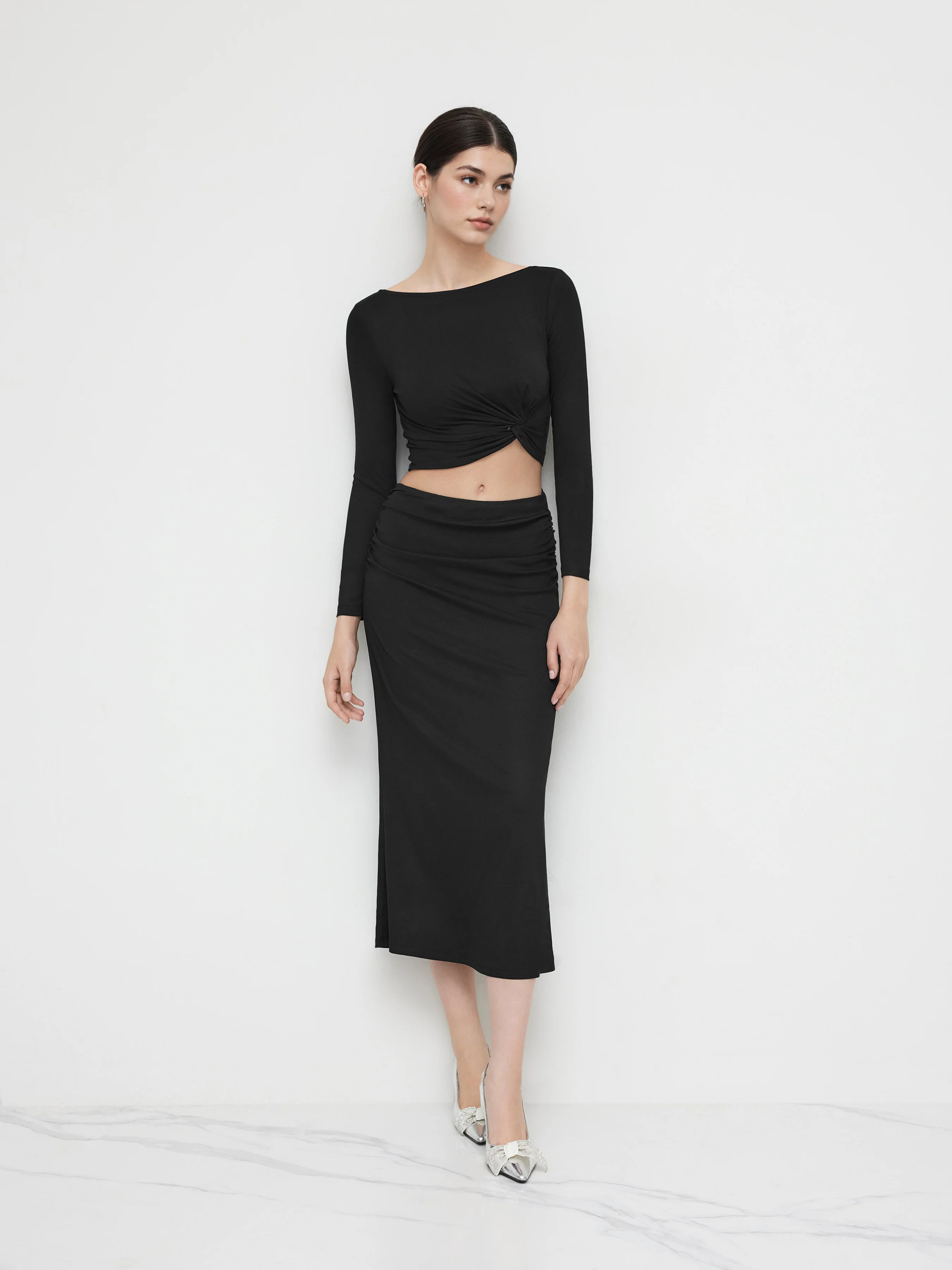Boat Neckline Solid Twist Long Sleeve Crop Top & Mid Rise Solid Ruched Maxi Skirt