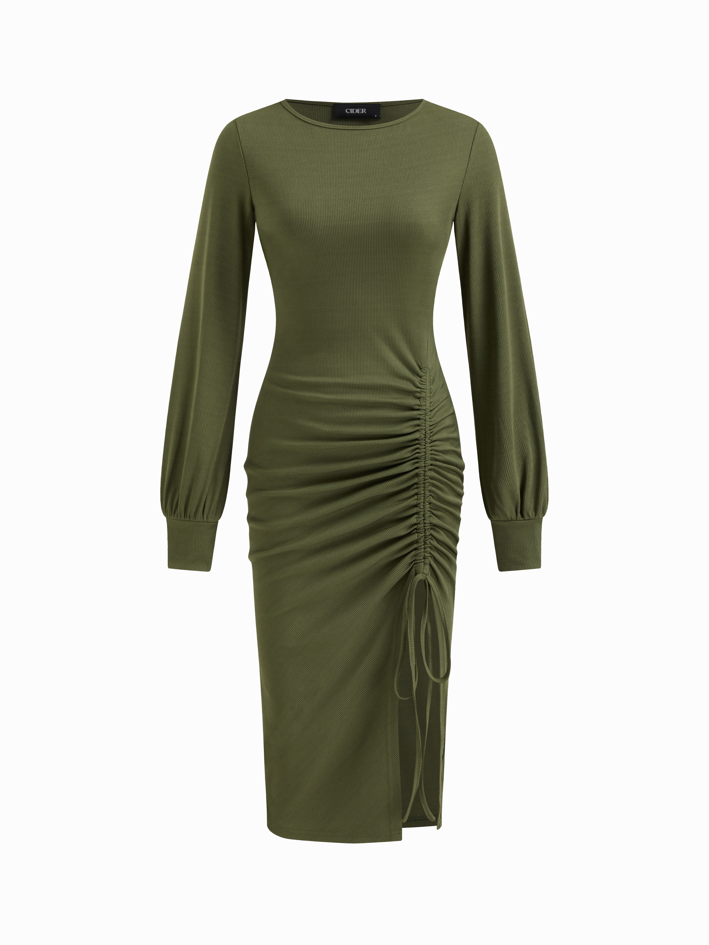 Round Neckline Long Sleeve Drawstring Split Side Midi Dress