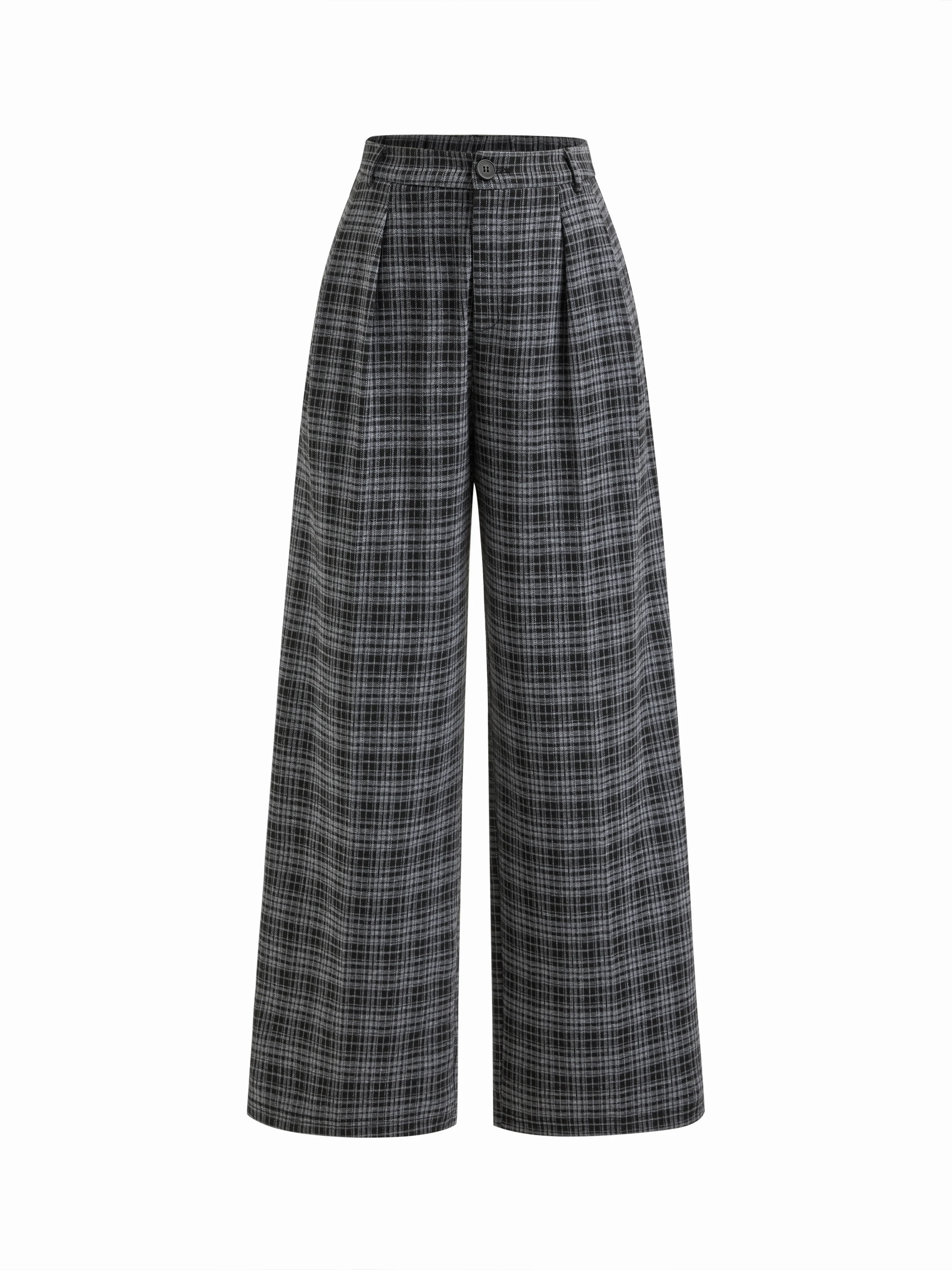 Mid Rise Plaid Pleated Wide Leg Trousers