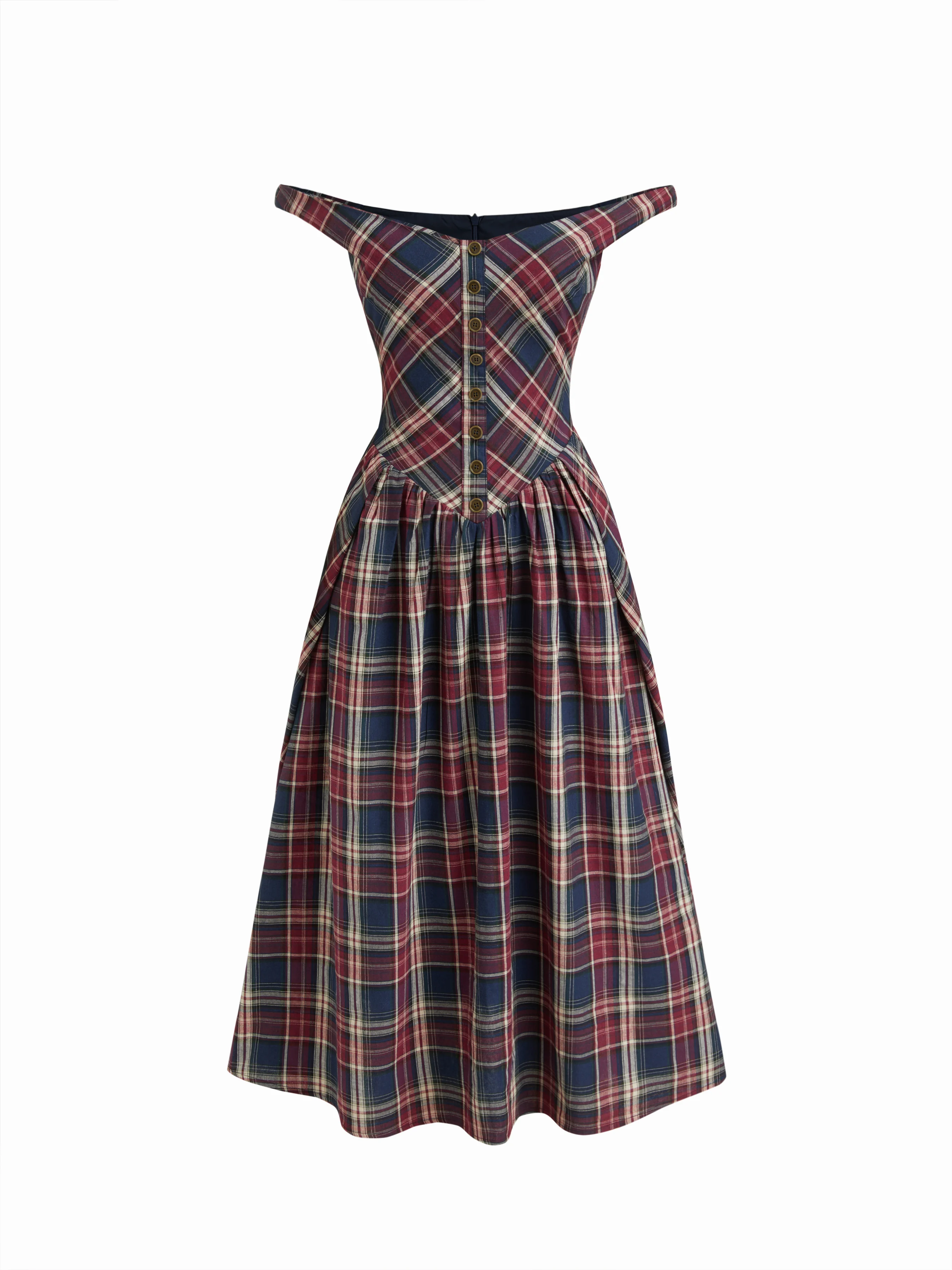 Cotton Plaid Off-shoulder Button Front Ruffle Midi Dress