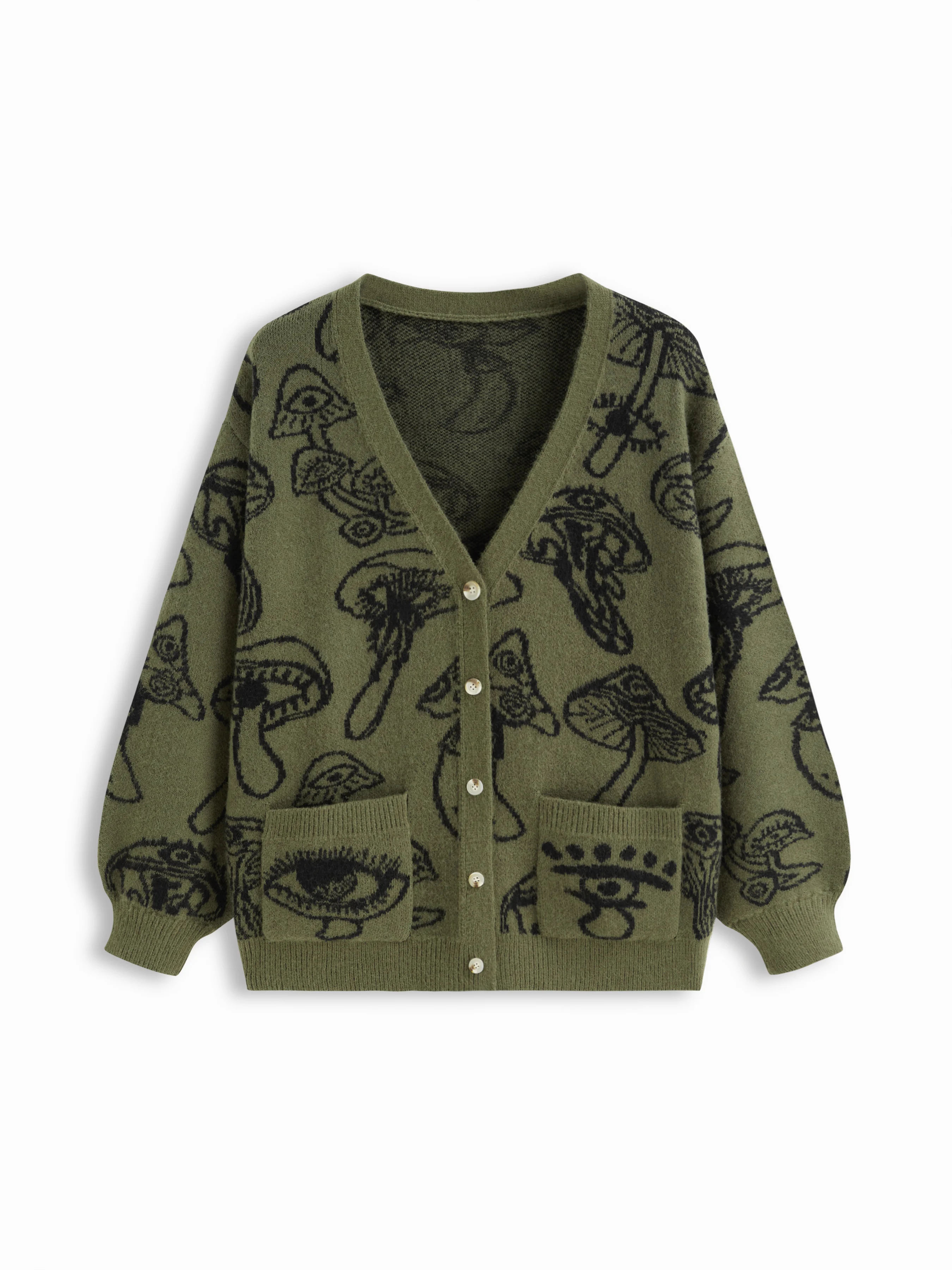 Knit V-neck Mushroom Graphic Cardigan Curve & Plus