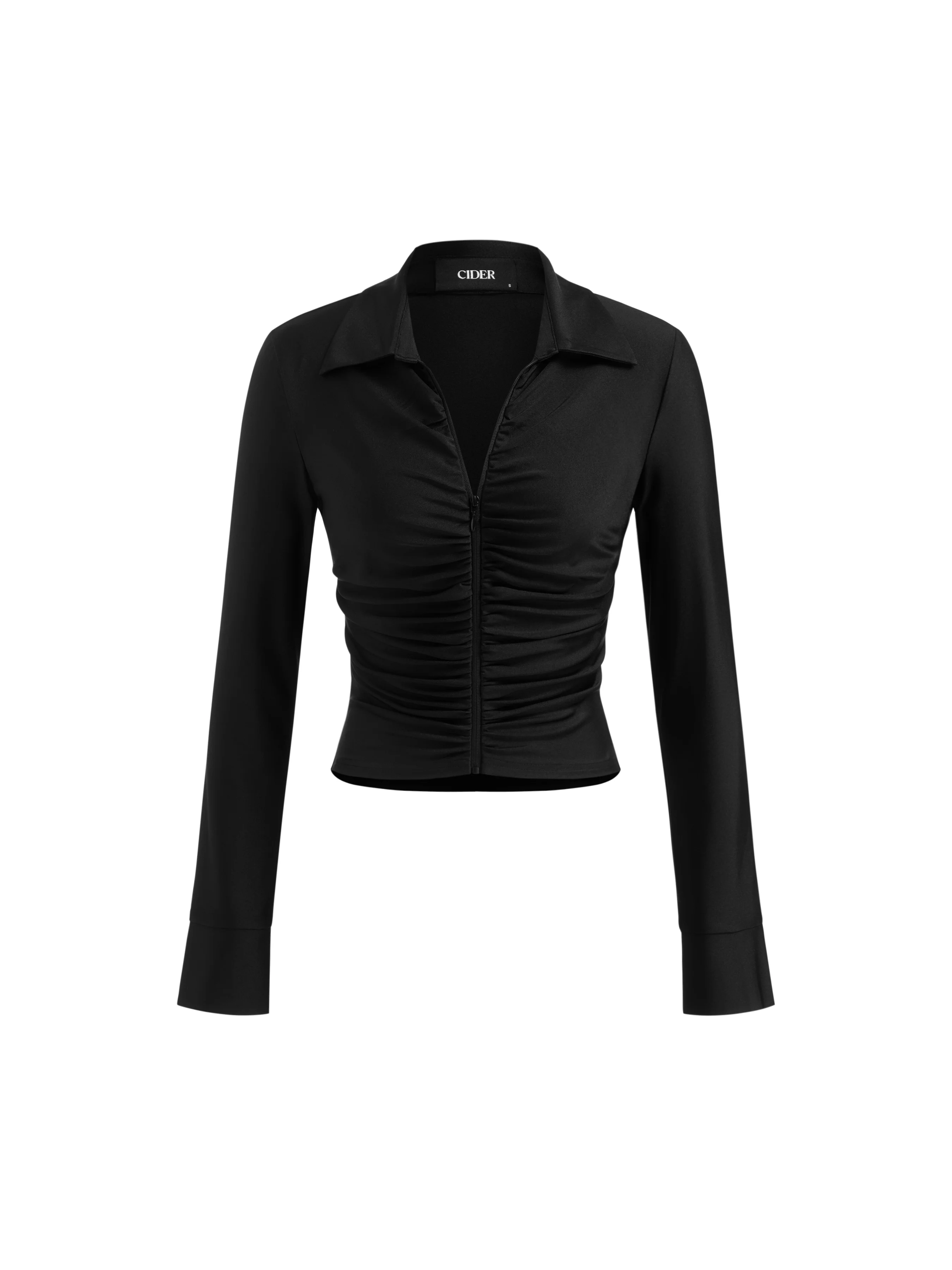 Collar Ruched Zip Through Long Sleeve Top