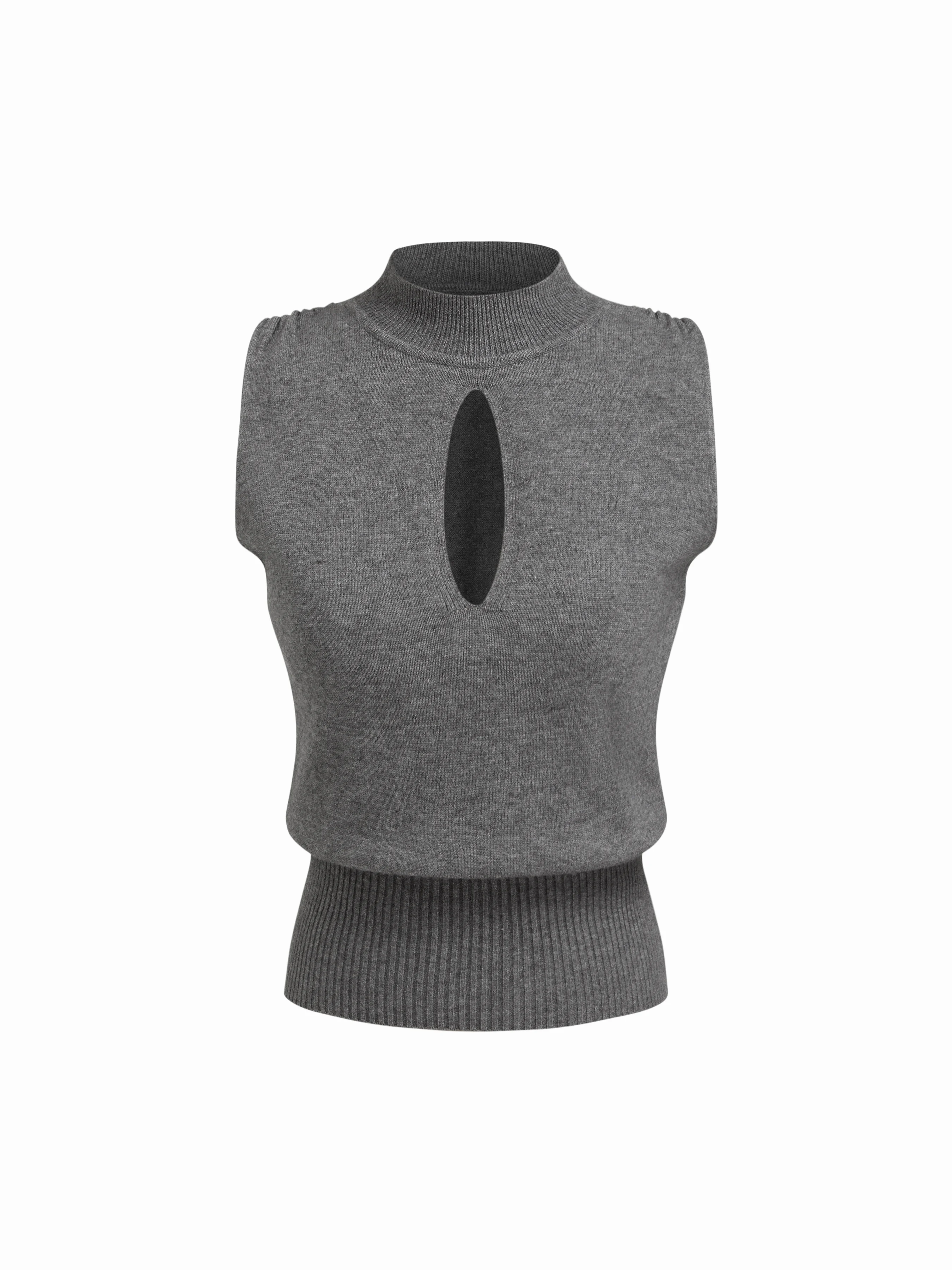 Knit Stand Collar Cut Out Cinched Waist Top