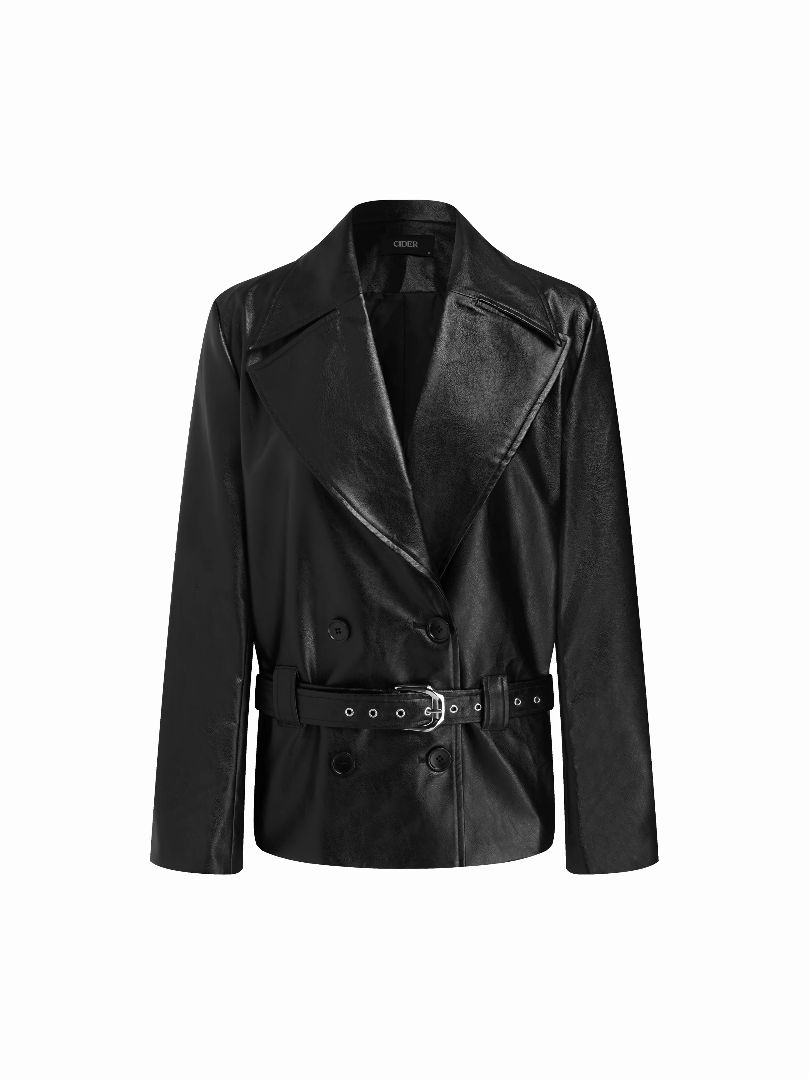 Faux Leather Collar Double Breasted Biker Jacket With Belt