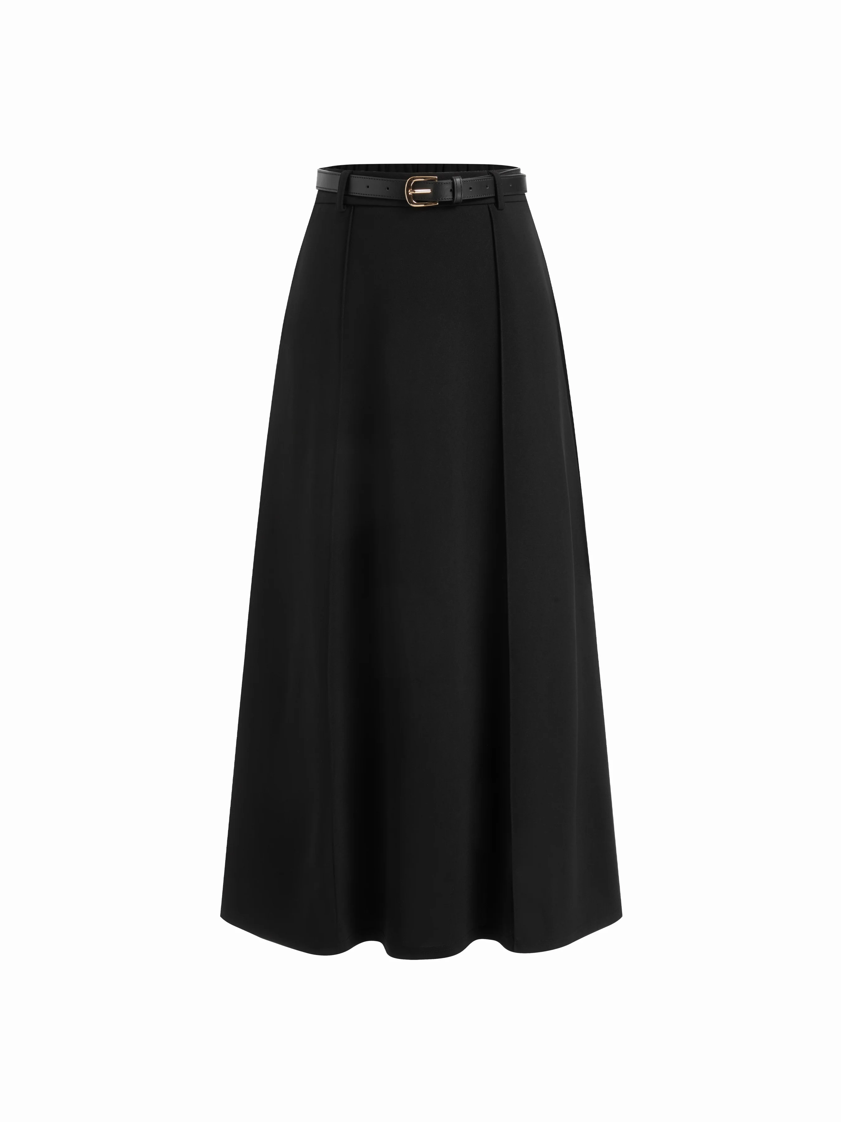 Stretchy Mid Rise Solid Maxi A-line Skirt With Belt